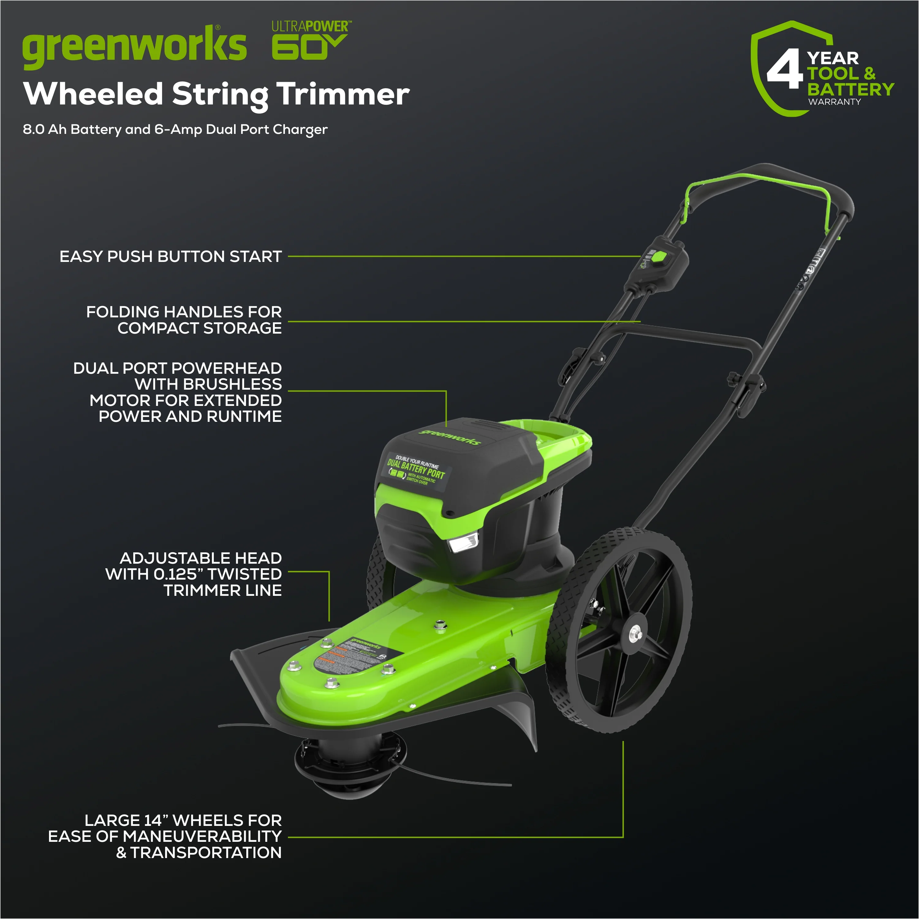 60V 22 Cordless Battery Wheeled String Trimmer w/ 8.0Ah Battery & Charger