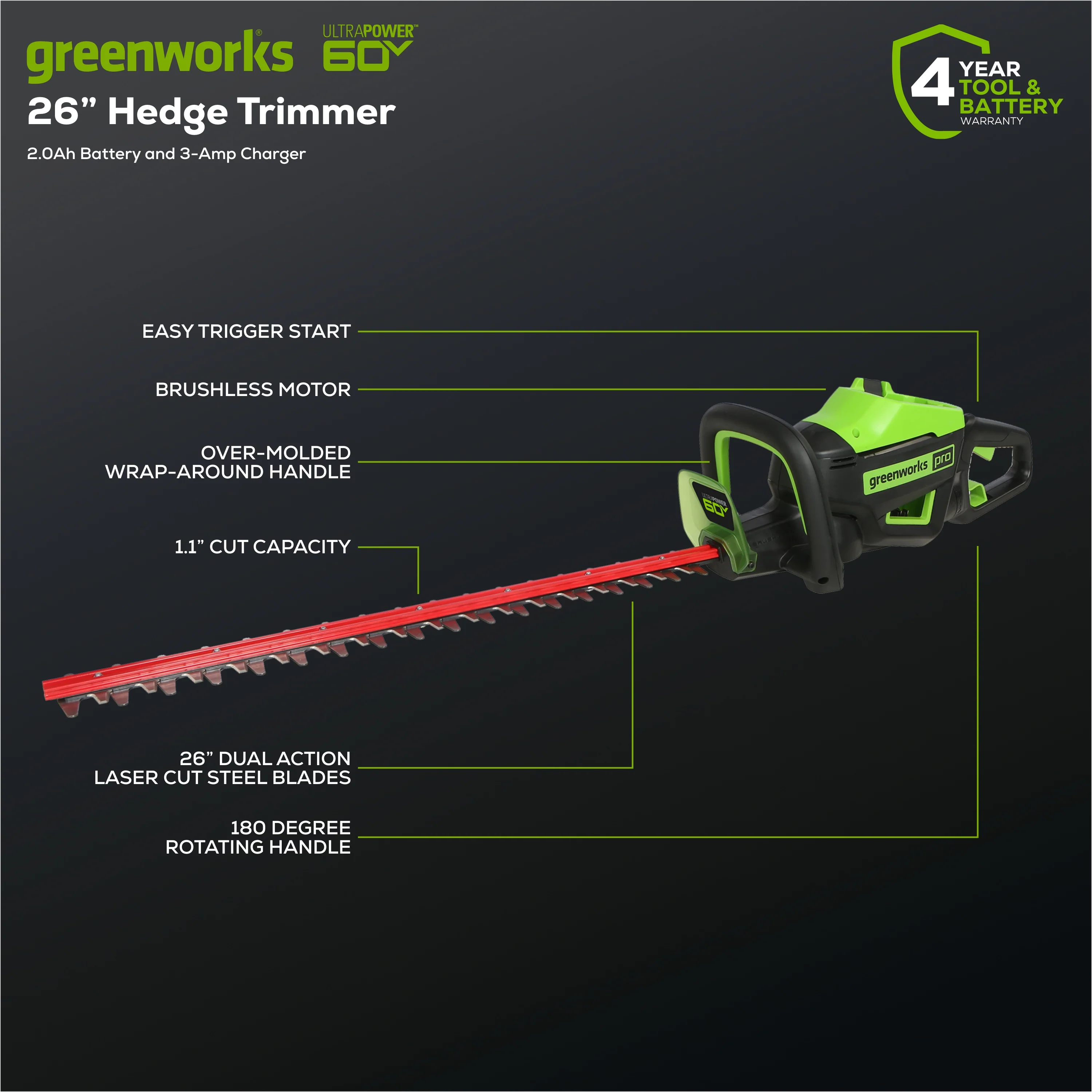 60V 26 Cordless Battery Hedge Trimmer 3200 SPM w/ 2.0Ah Battery & Charger