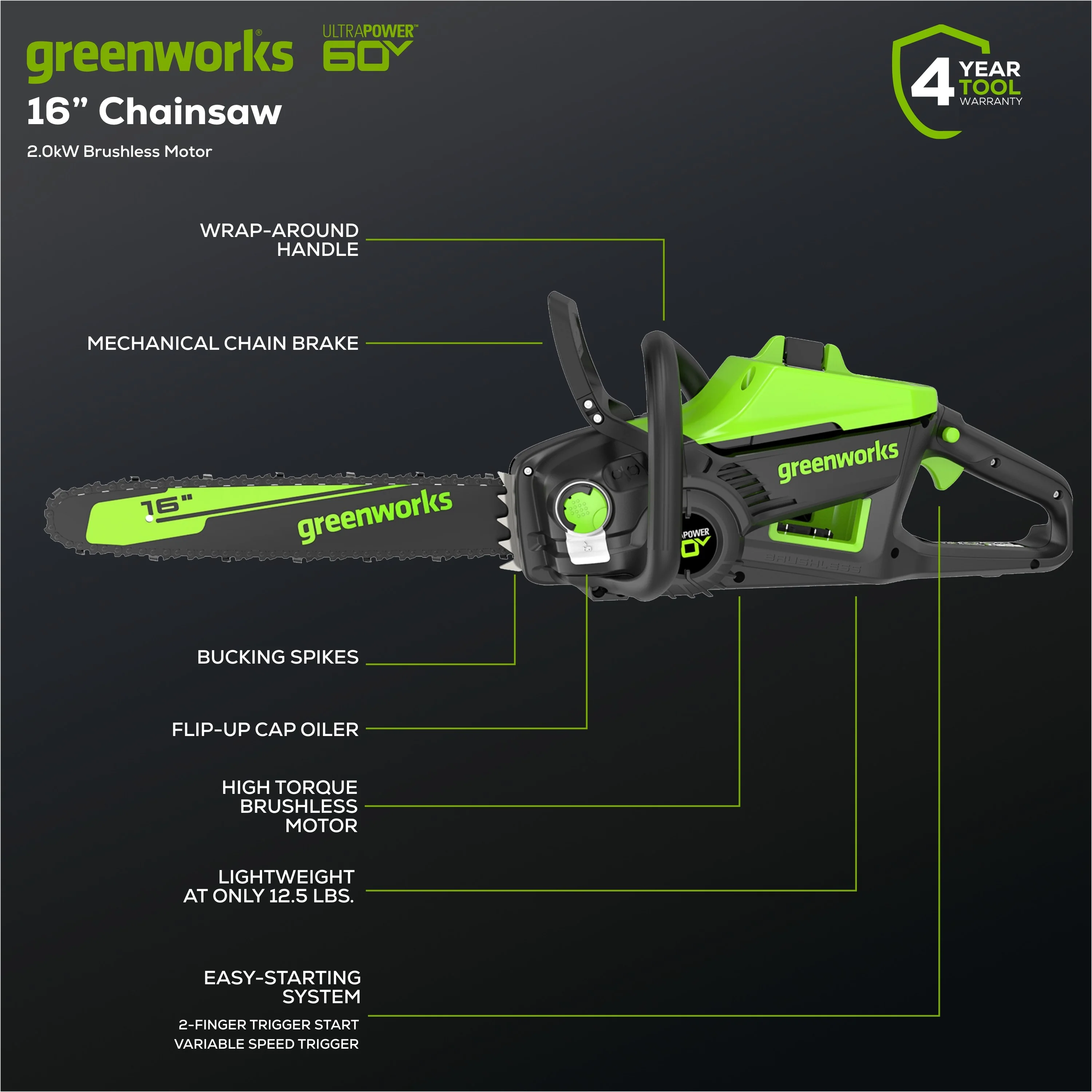 60V 16 Cordless Battery 2.0kW Chainsaw (Tool Only)