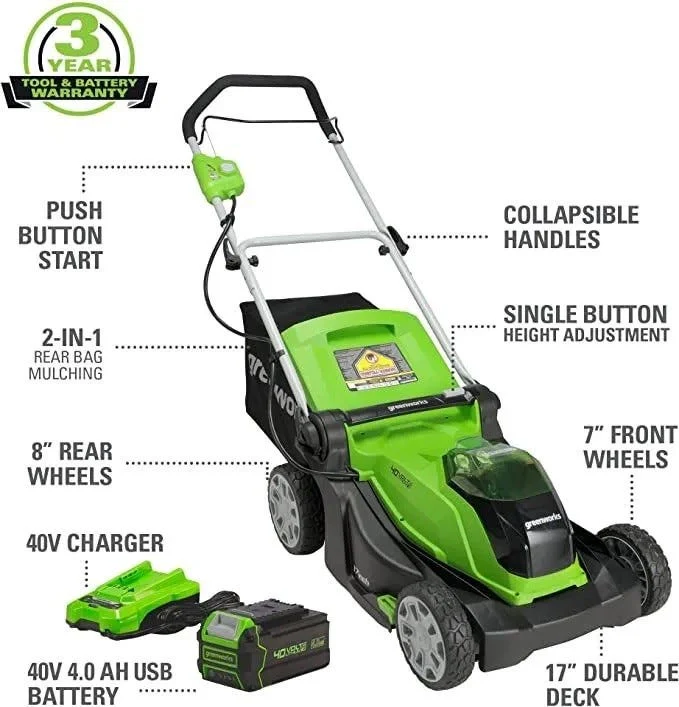 40V 17 Push Mower, 13 String Trimmer & 390 CFM Blower Combo Kit w/ 4.0Ah Battery & Charger