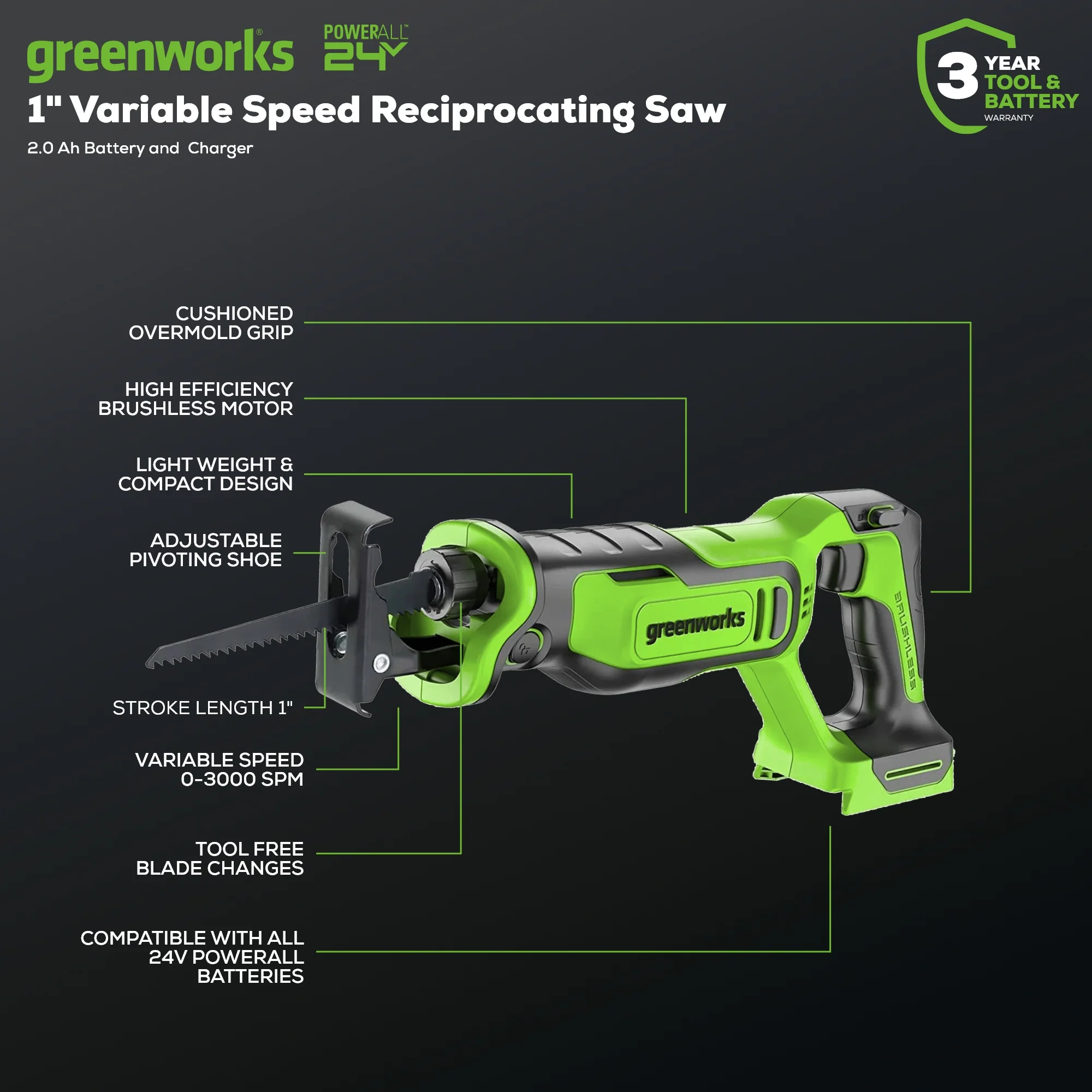 24V 6 Reciprocating Saw w/ 2.0Ah Battery & Charger