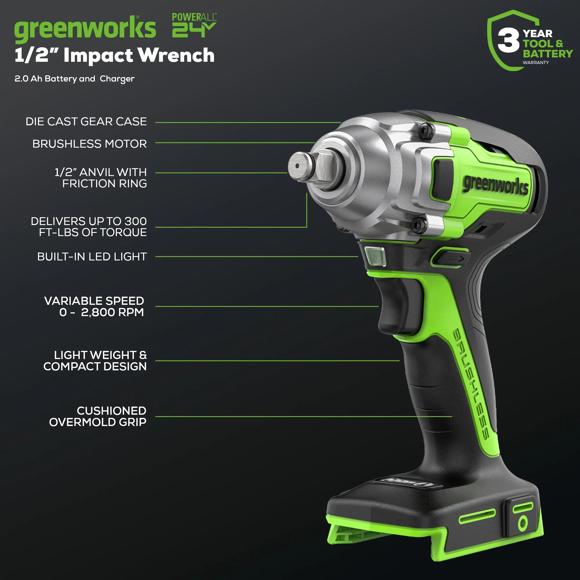 24V 1/2 Cordless Battery Impact Wrench w/ 2.0Ah Battery & Charger