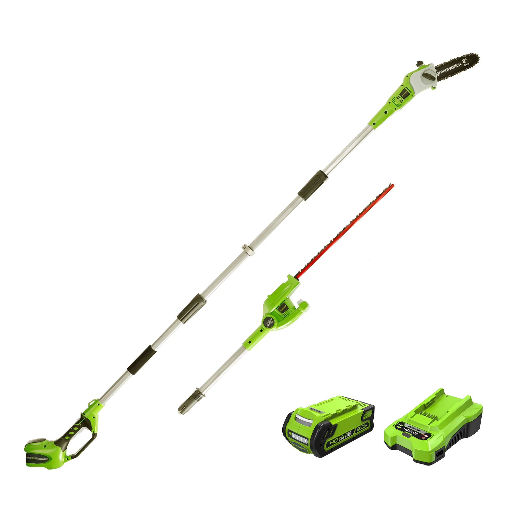 40V 8 Cordless Battery Pole Saw & Hedge Trimmer Attachment w/ 2.0 Ah Battery & Charger
