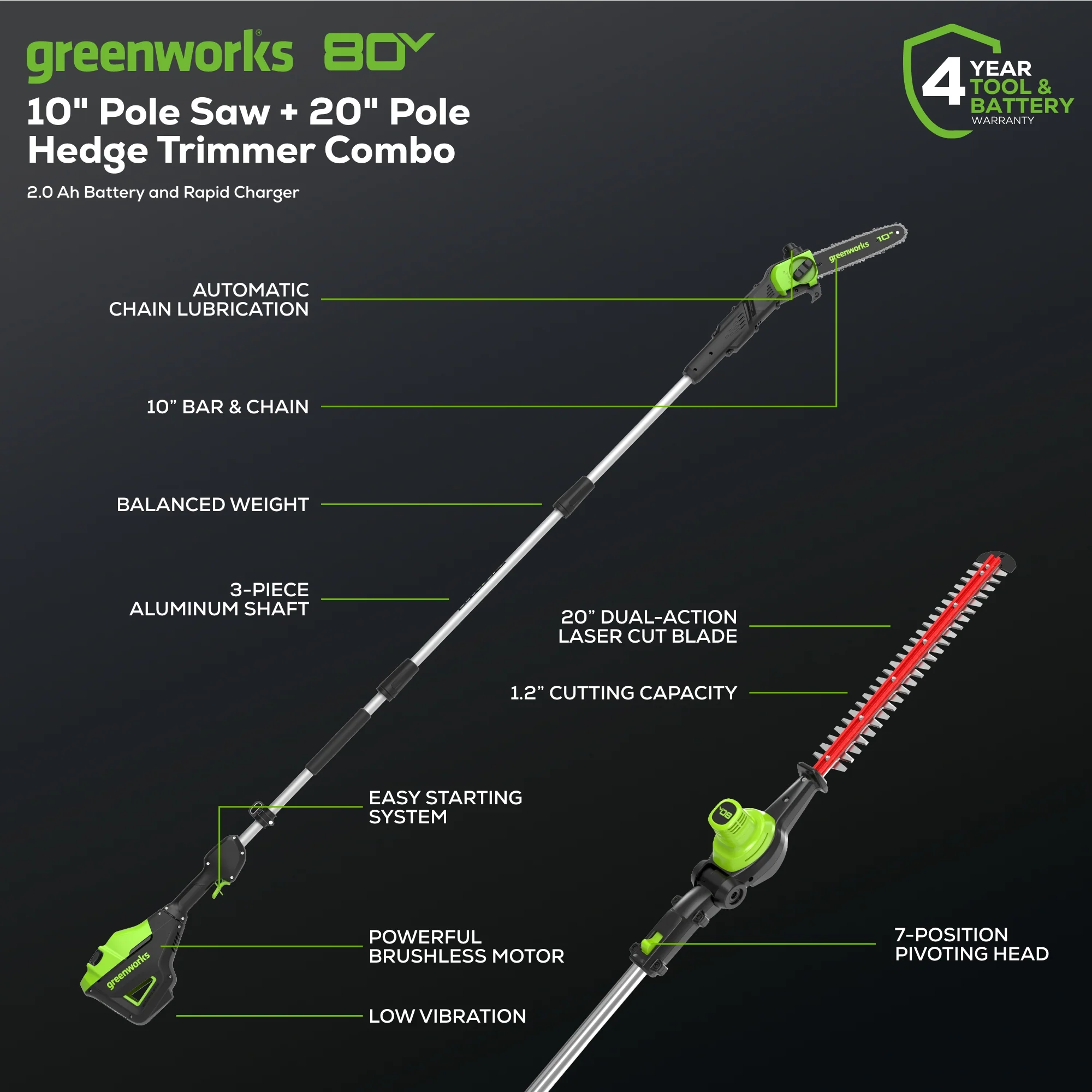 80V 20 Cordless Battery Pole Hedge & 10 Pole Saw Combo Kit w/ 2.0 Ah Battery & Rapid Charger