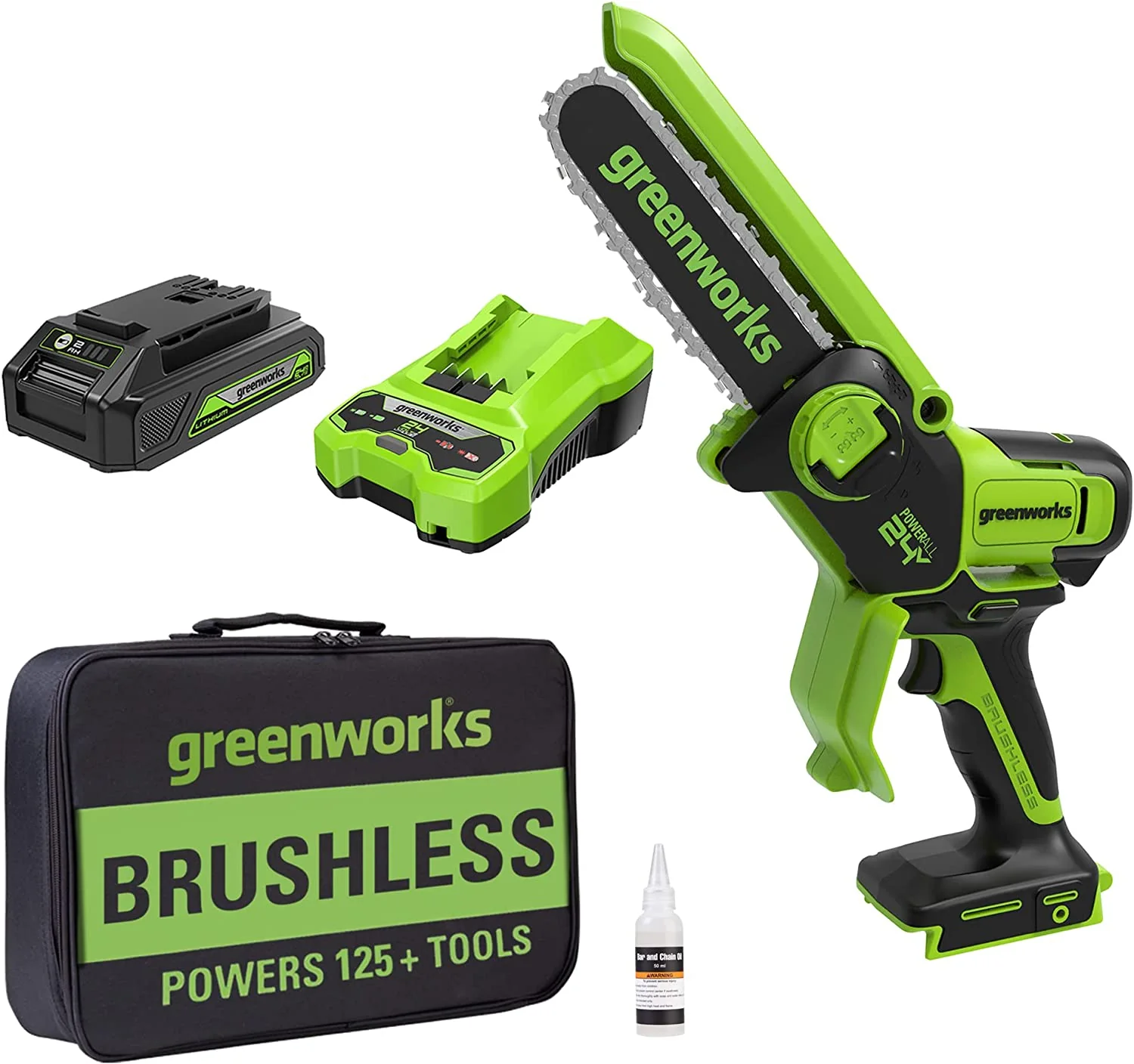 60V 18 Cordless Battery 2.0kW Chainsaw & 24V 6 Pruner Saw w/ (1) 4.0 Ah Battery, (1) 2.0 Ah Battery & (2) Chargers