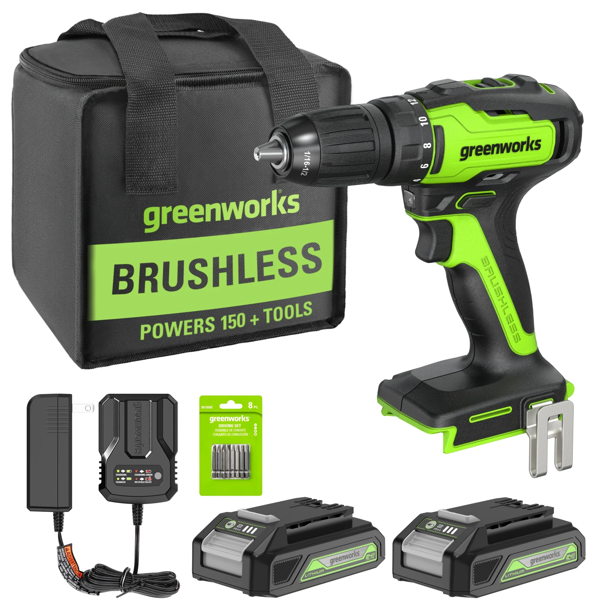 24V Brushless 1/2 310 in/lbs Drill Kit w/ (2) 2Ah Batteries and Charger, 8-piece Bit Set and Tool Bag Included