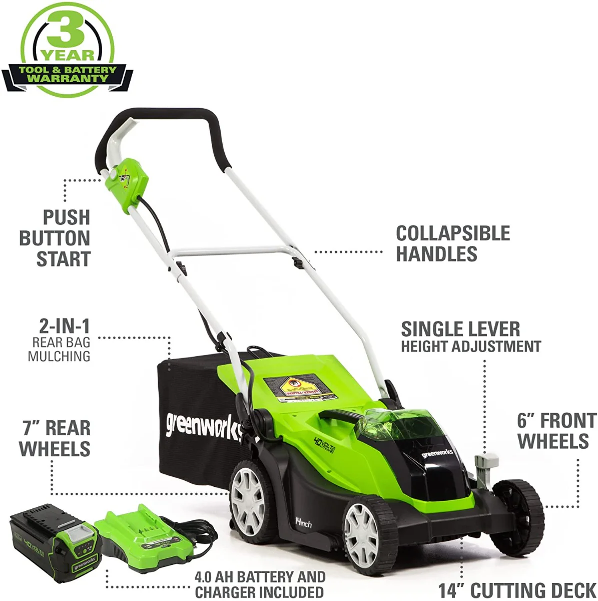 40V 14 Cordless Battery Push Lawn Mower w/ 4.0Ah Battery & Charger