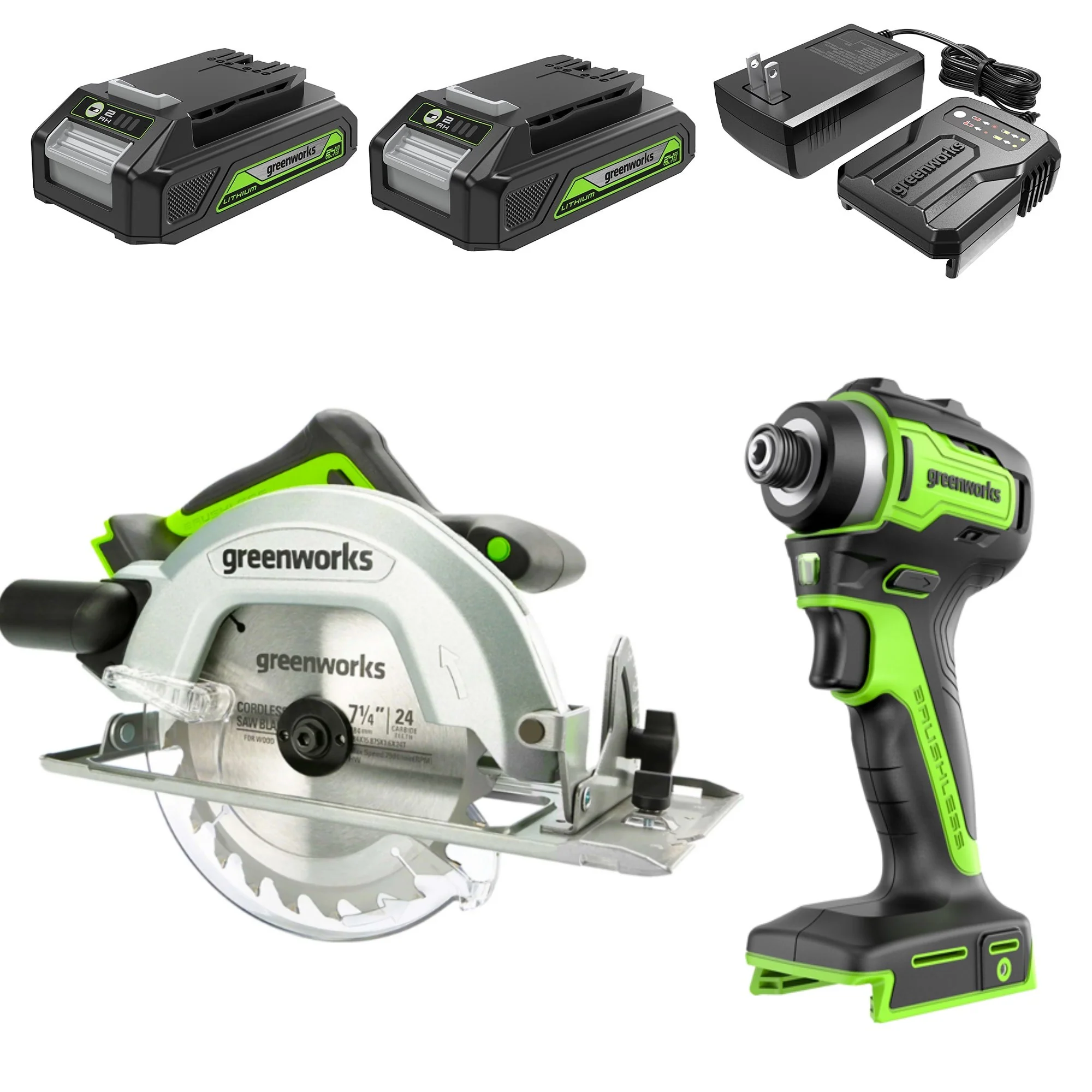 24V Brushless 1/4 Impact Driver & 7-1/4 Circular Saw Combo Kit w/ (2) 2.0Ah Batteries & Charger