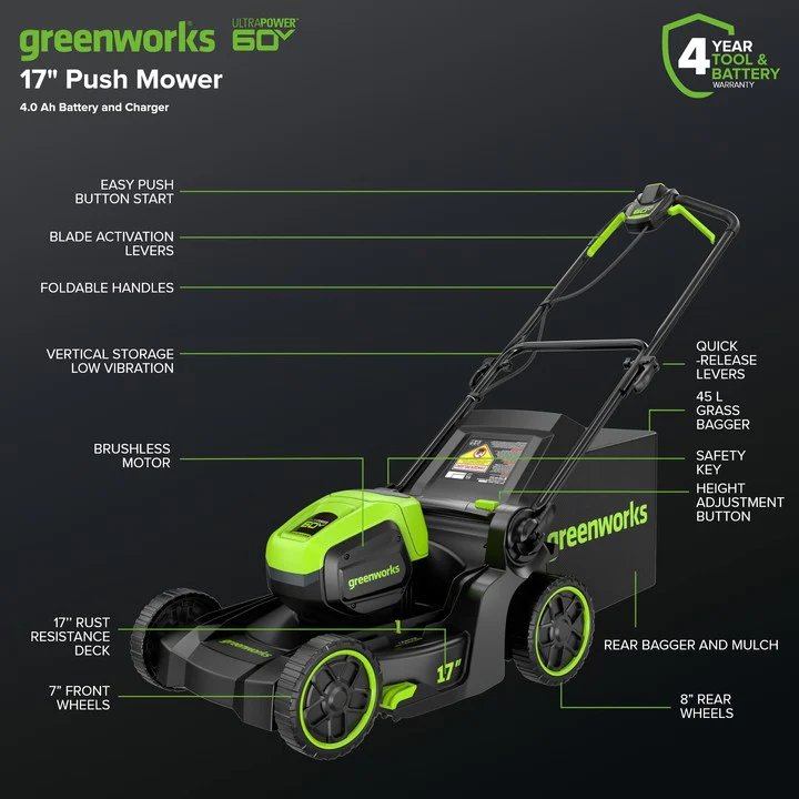60V 17 Cordless Battery Push Lawn Mower w/ 4.0Ah Battery & Charger