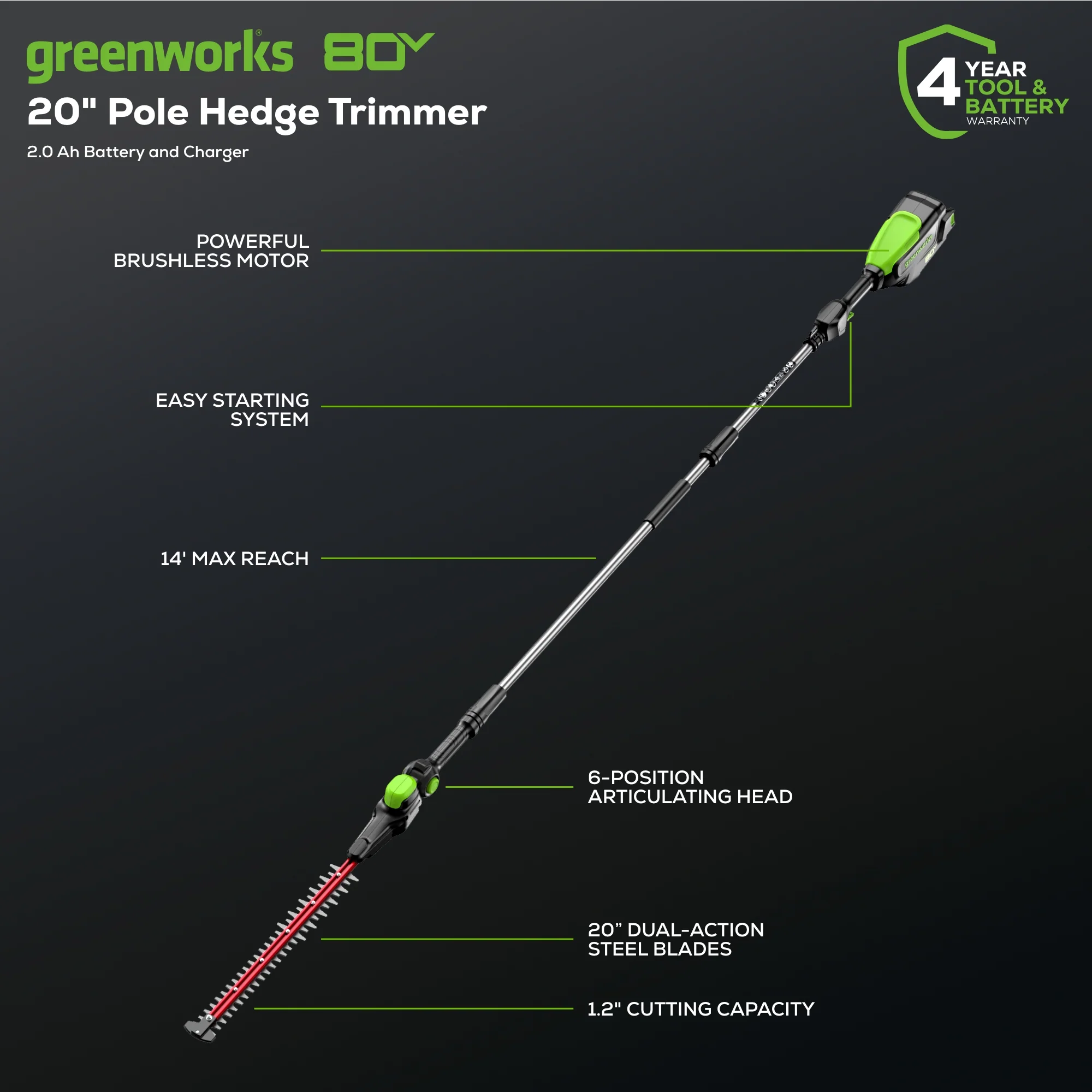 80V 20 Cordless Battery Pole Hedge Trimmer (1.2 cut, 4000 SPM) w/ 2.0Ah Battery & Charger