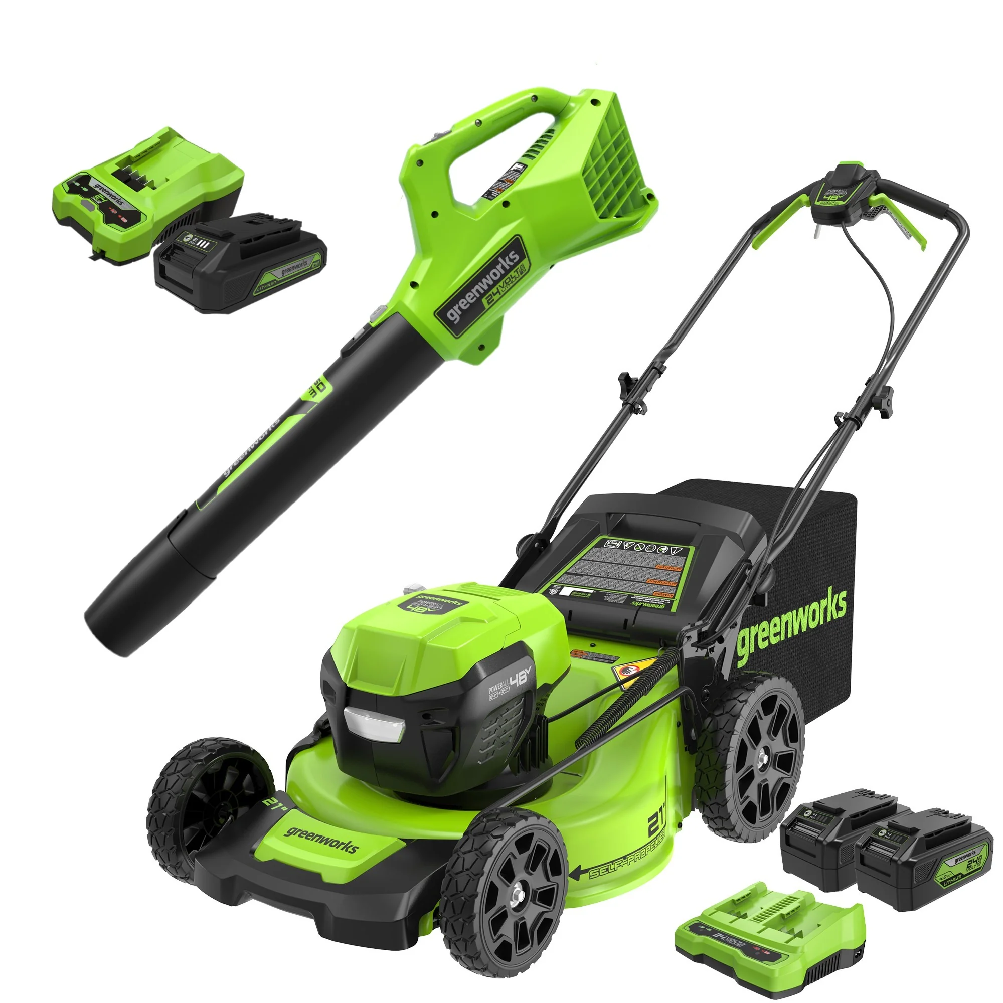 48V (2x24V) 21 Cordless Battery Self-Propelled Mower & Blower Combo Kit w/ (3) Batteries & Chargers