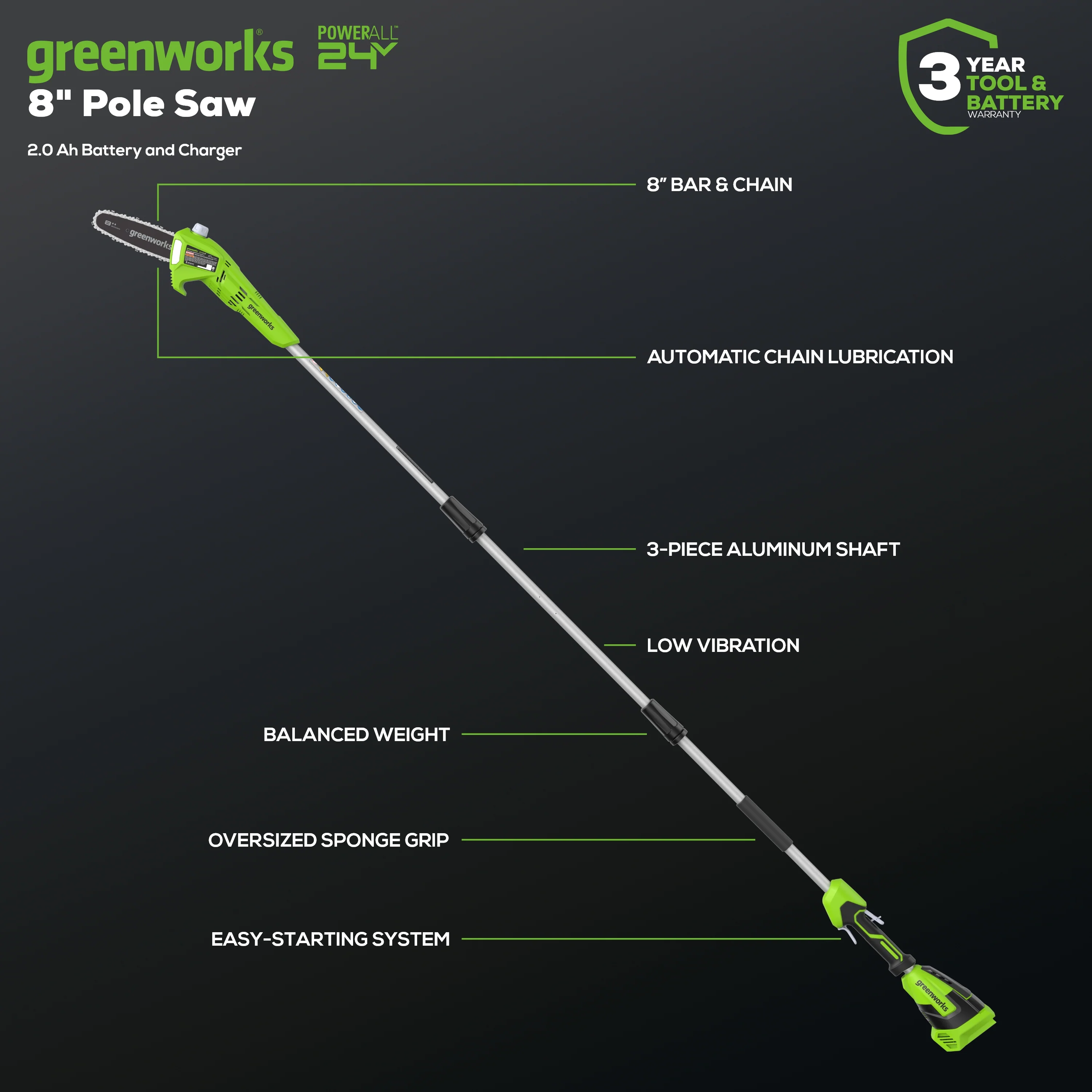 24V 8 Cordless Battery Pole Saw w/ 2.0 Ah Battery & Charger