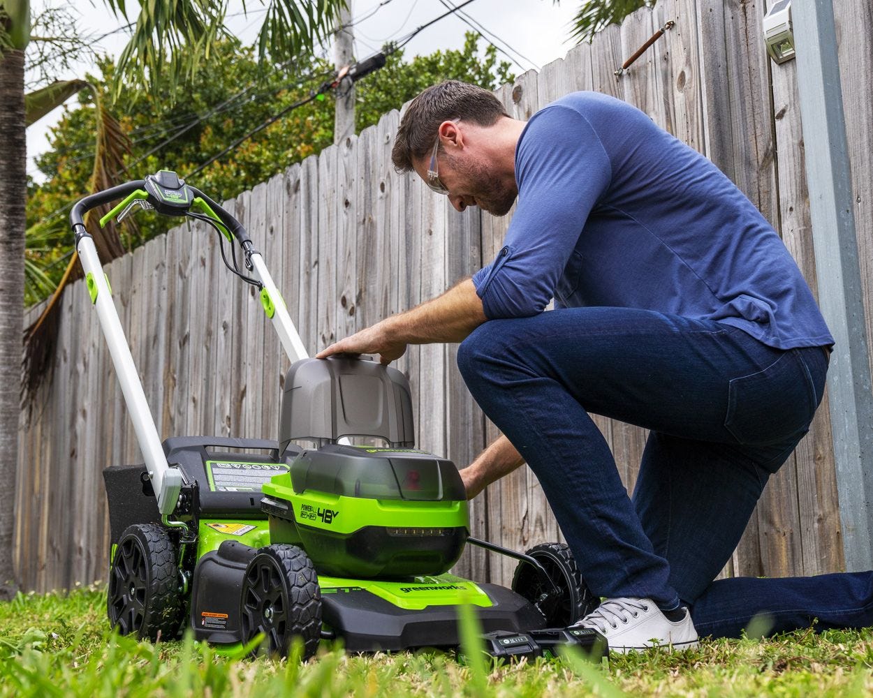 48V (2x24V) 21 Cordless Battery Self-Propelled Lawn Mower w/ (4) 4.0Ah USB Batteries & (2) Dual Port Chargers