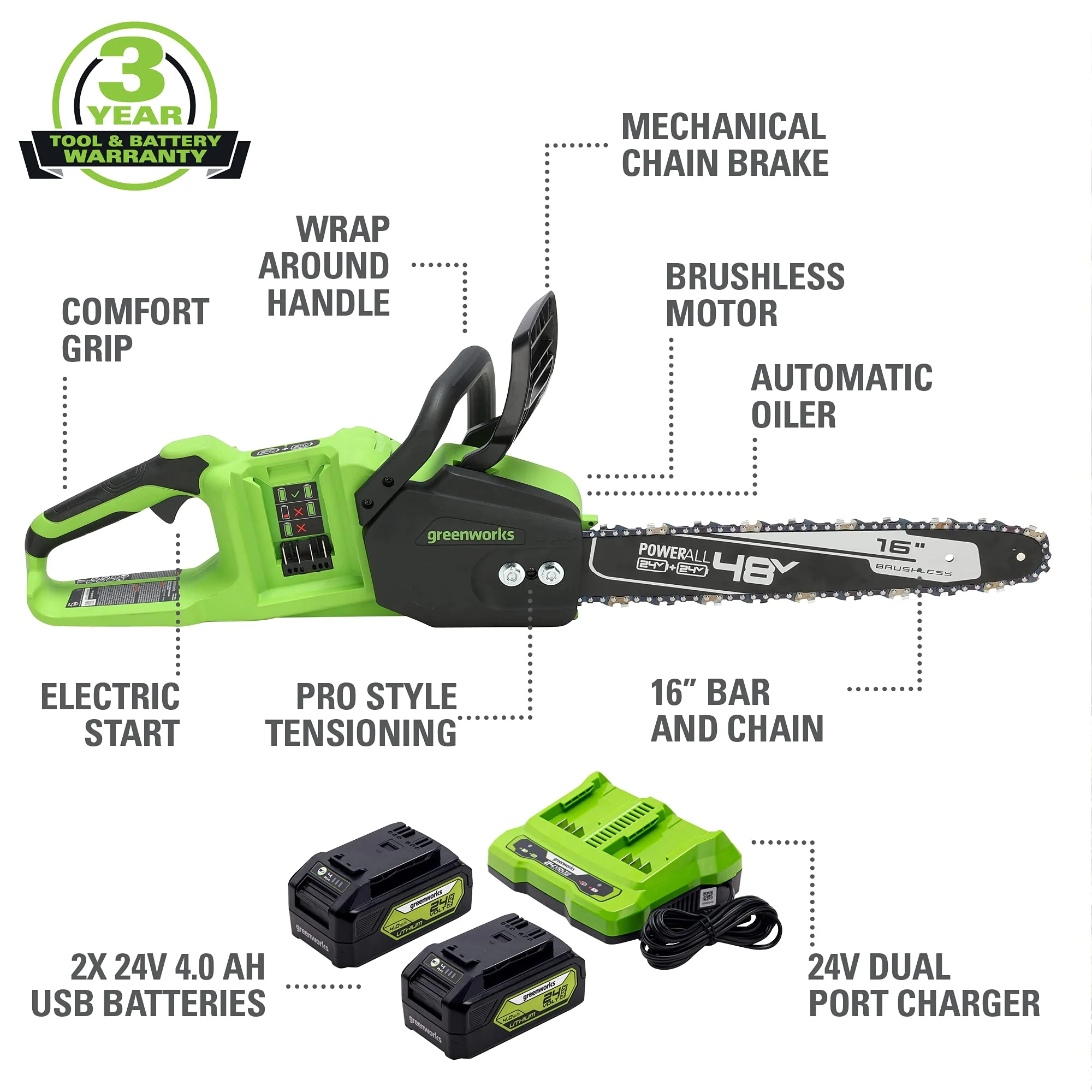 48V (2x24V) 16 Cordless Battery Chainsaw w/ Two (2) 4.0Ah USB Batteries & Dual Port Charger