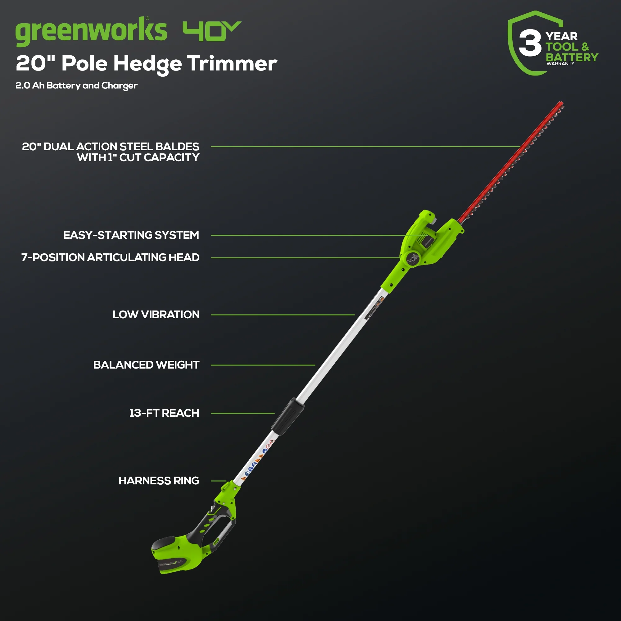 40V 20 Cordless Battery Pole Hedge Trimmer w/ 2.0 Ah Battery & Charger
