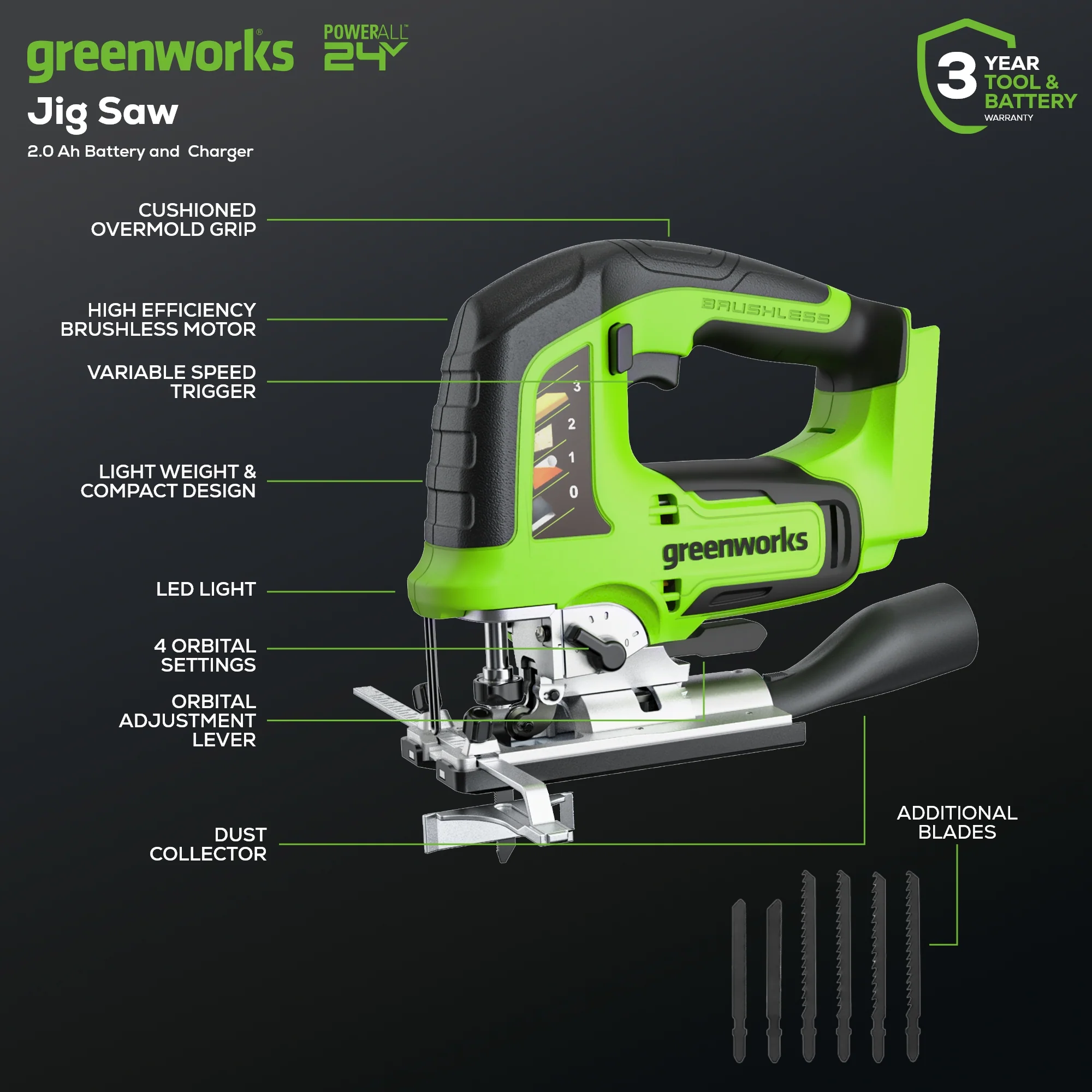 24V Cordless Battery Brushless Jig Saw w/ 2.0 Ah Battery & Charger
