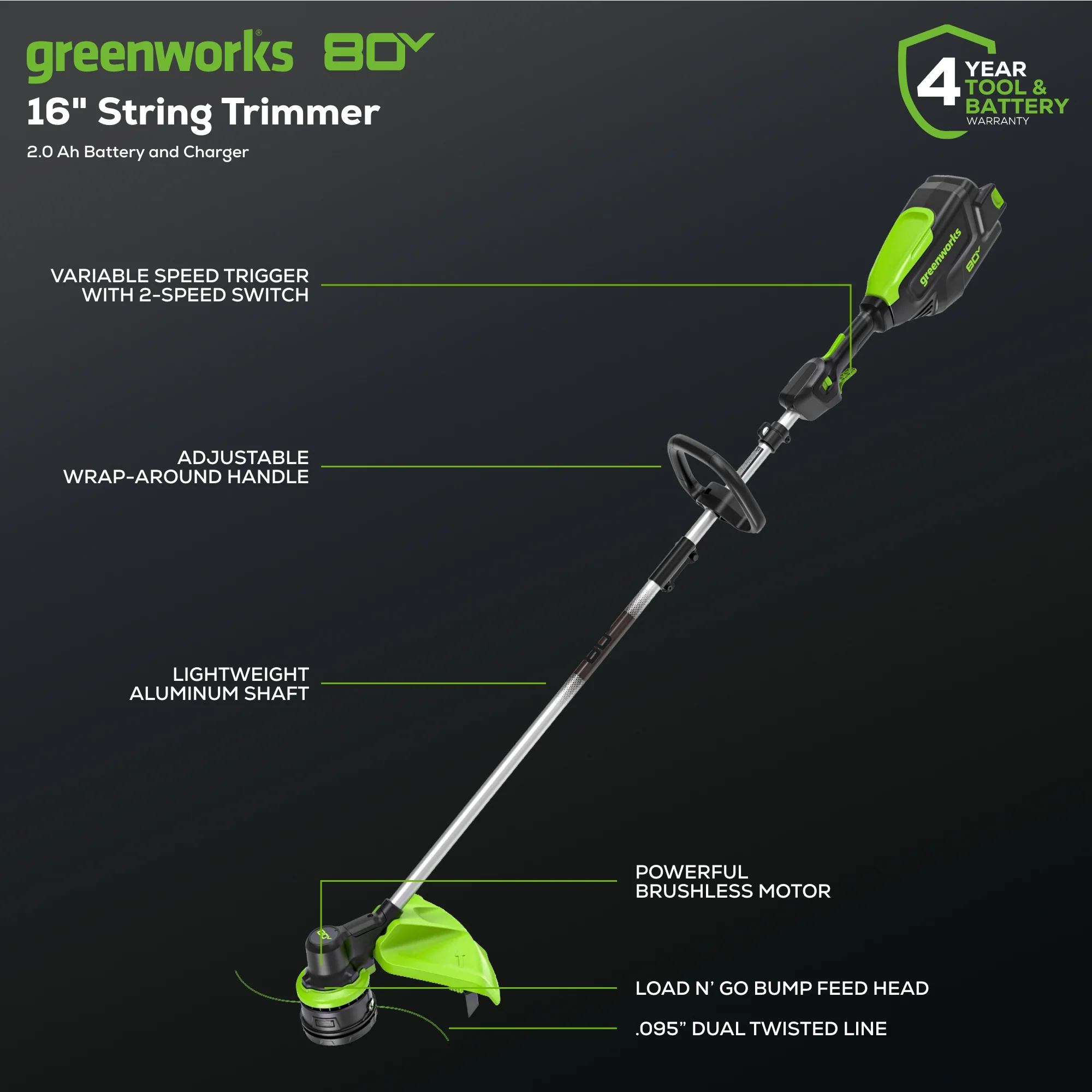 80V 16 Cordless Brushless String Trimmer w/ 2.0Ah Battery & 2Amp Charger