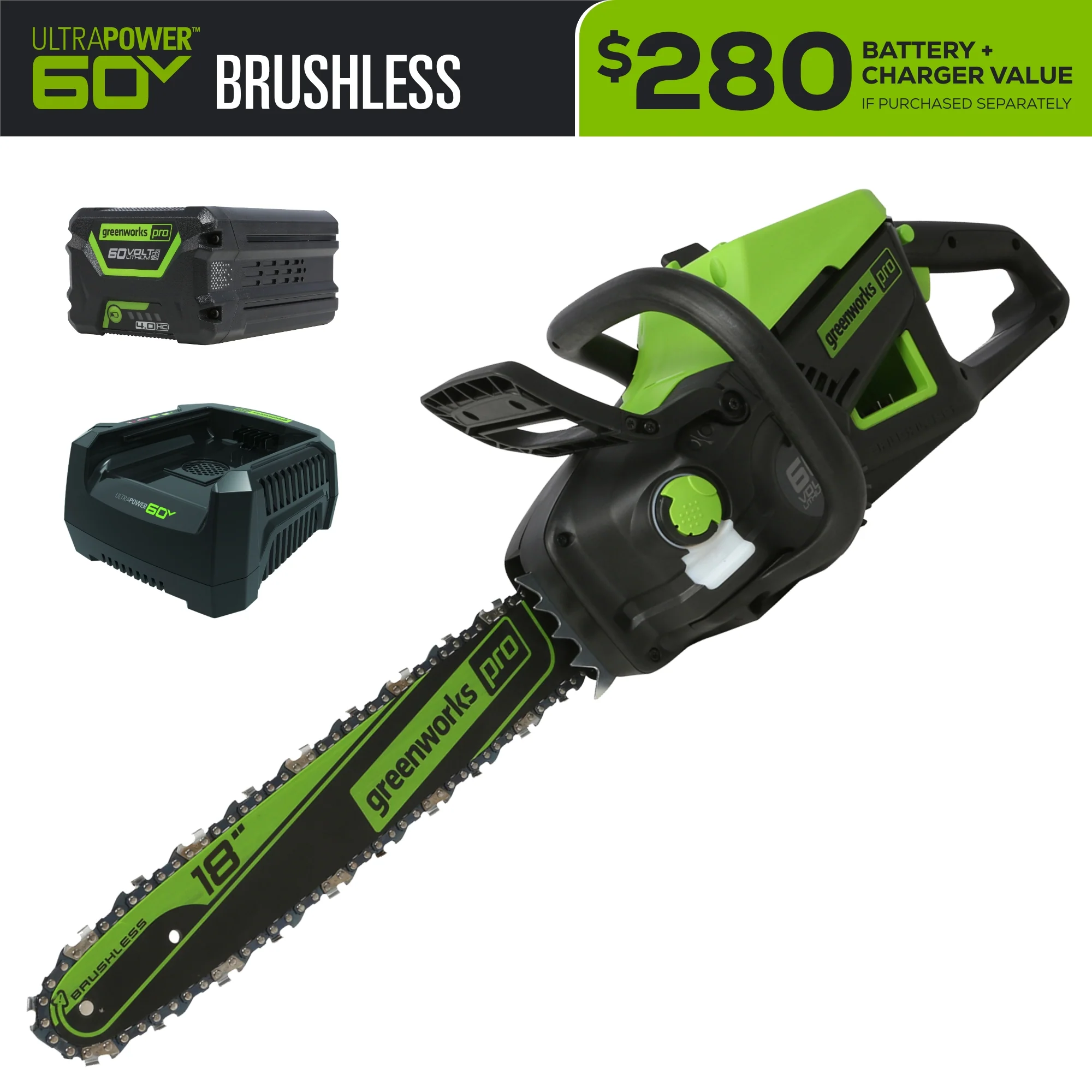 60V 18 Cordless Battery 2.0kW Chainsaw w/ 4.0 Ah Battery & Charger