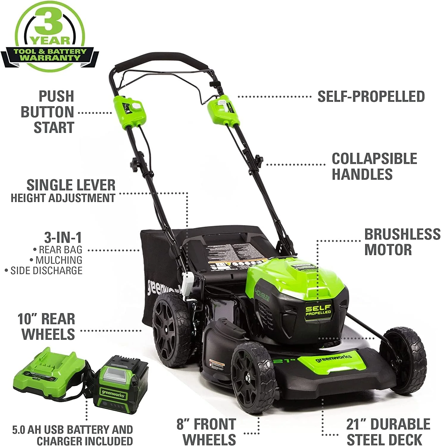 40V 21 Cordless Battery Self-Propelled Lawn Mower w/ 5.0Ah USB Battery & Charger