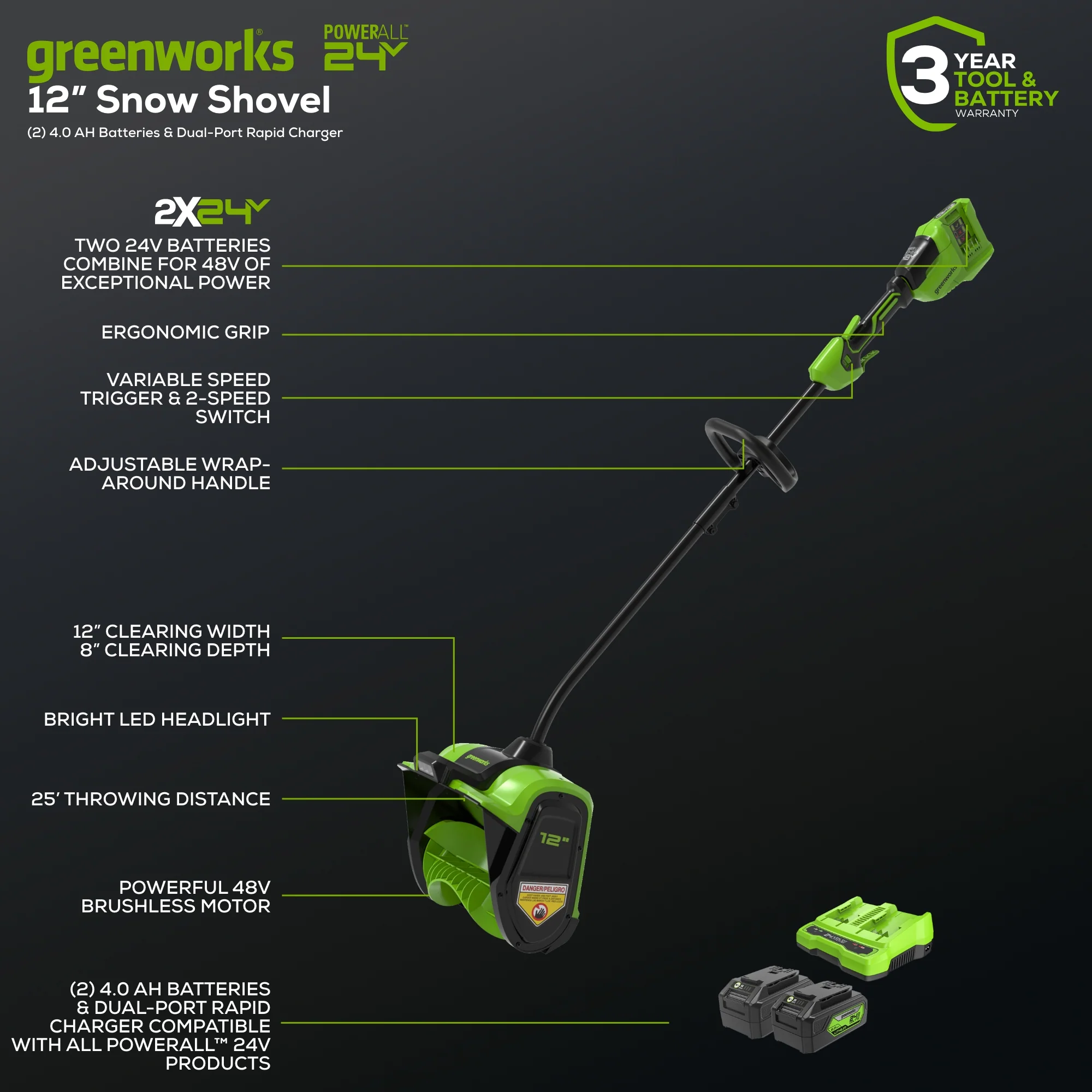48V (2x24V) 12 Cordless Battery Snow Shovel w/ (2)4.0Ah Battery & Dual Port Charger