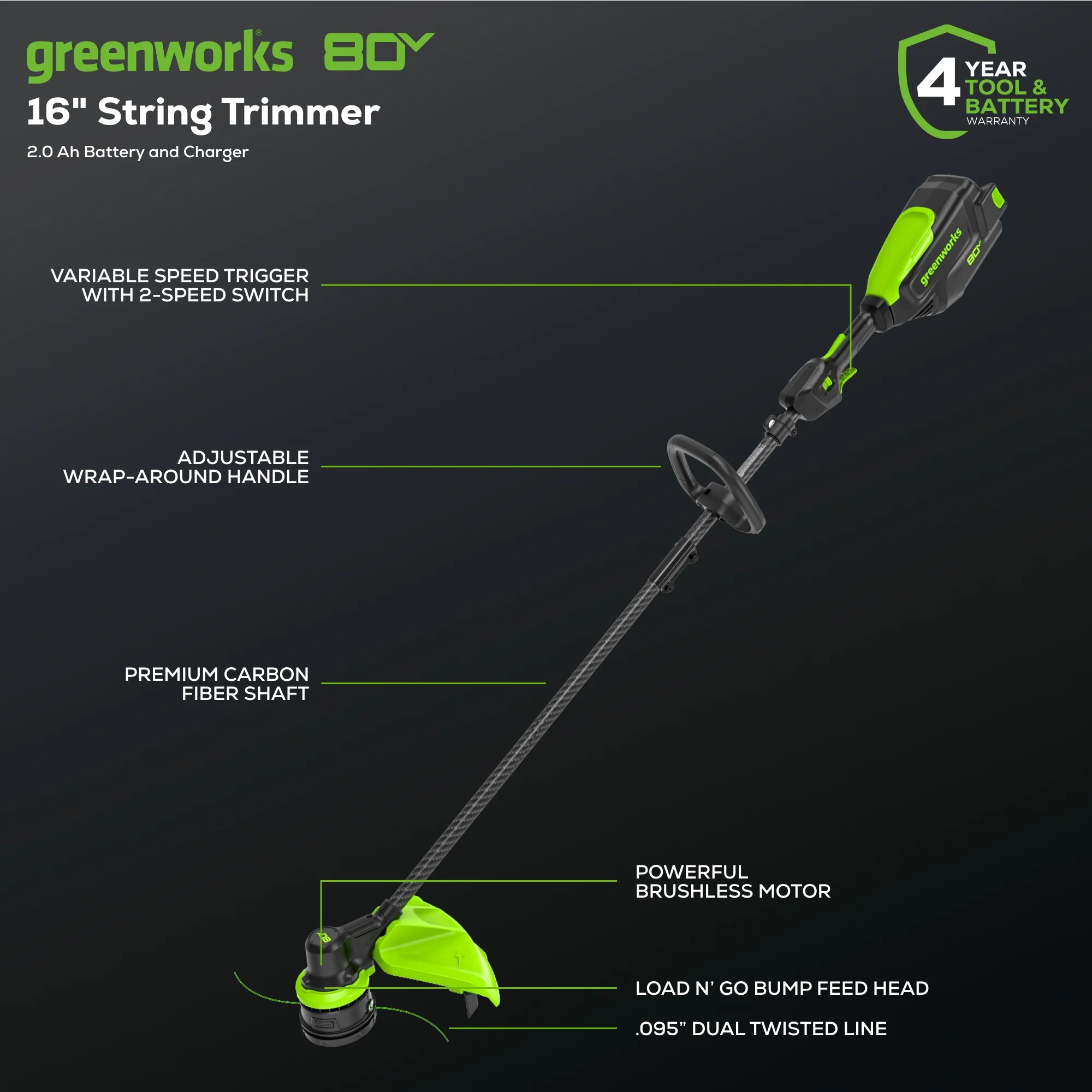 80V Cordless 16 Brushless Carbon Fiber String Trimmer w/ 2.0Ah Battery & Charger