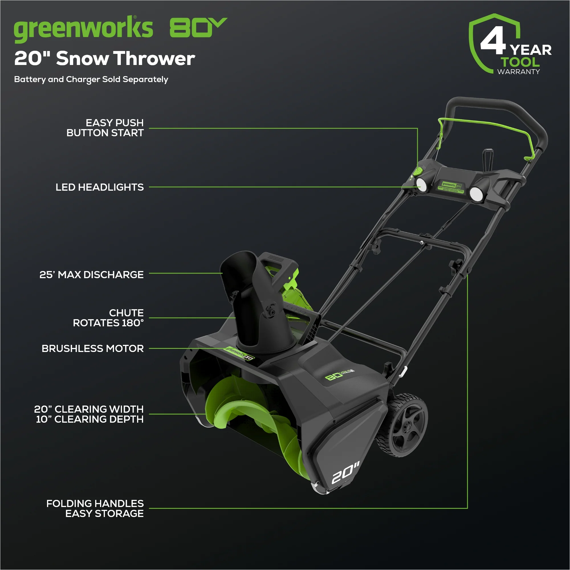80V 20 Cordless Battery Single-Stage Snow Blower (Tool Only)