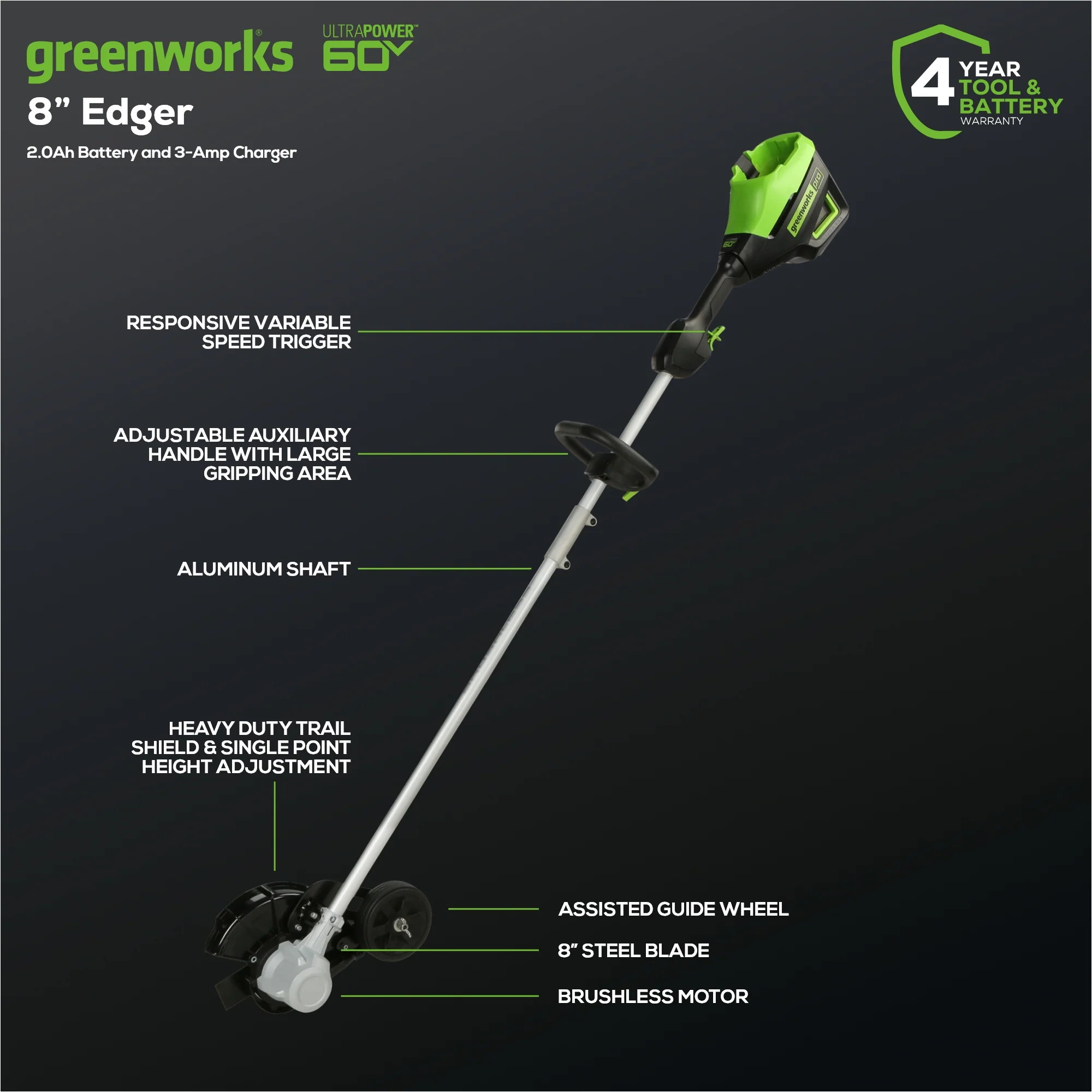 60V 8 Cordless Battery Edger w/ 2.0Ah Battery & Charger