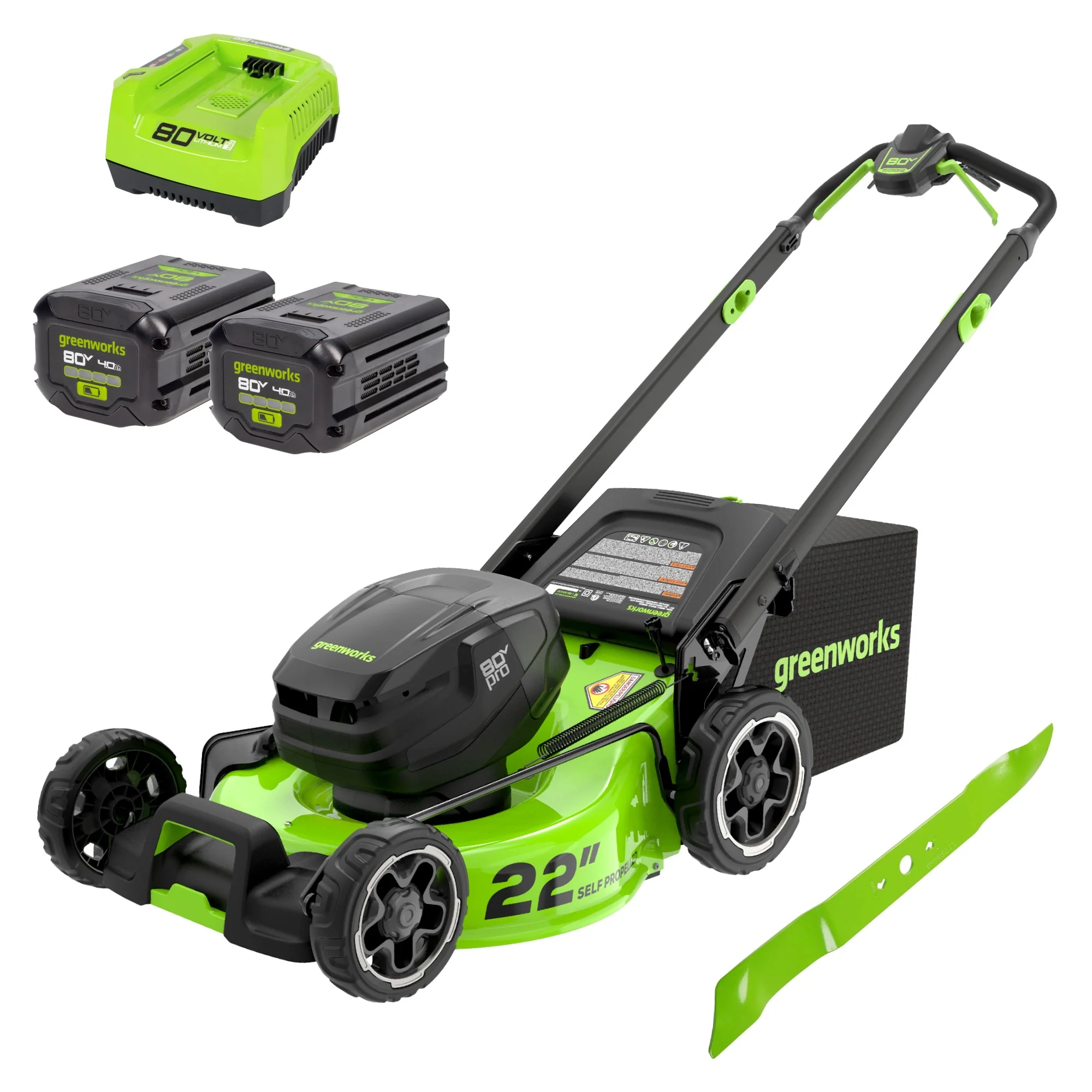 RENEWED 80V 22 Cordless Battery Dual Blade Self-Propelled Lawn Mower w/ (2) 4.0Ah Batteries & Rapid Charger
