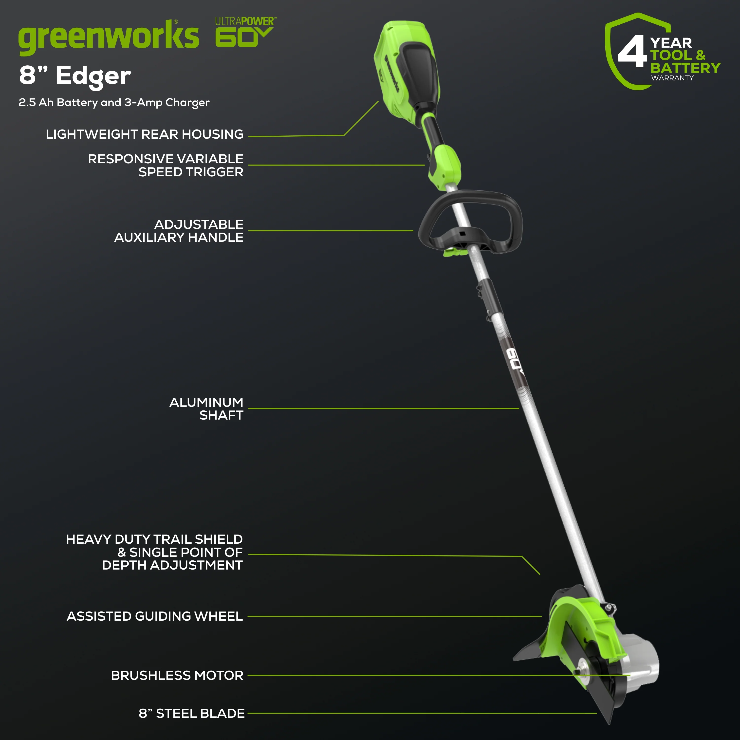 60V 8 Cordless Battery Edger w/ 2.5 Ah Battery and 3A Charger