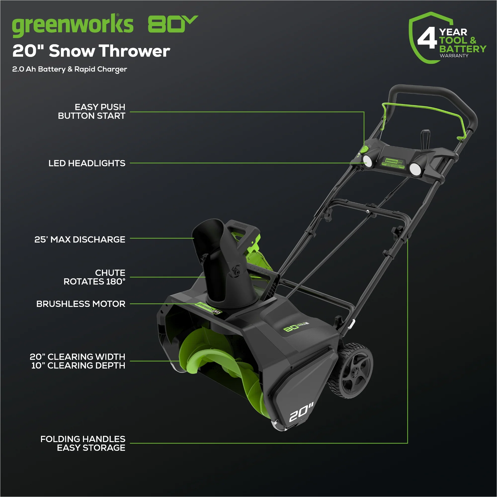 80V 20 Cordless Battery Single-Stage Snow Blower w/ 2.0Ah Battery & Charger