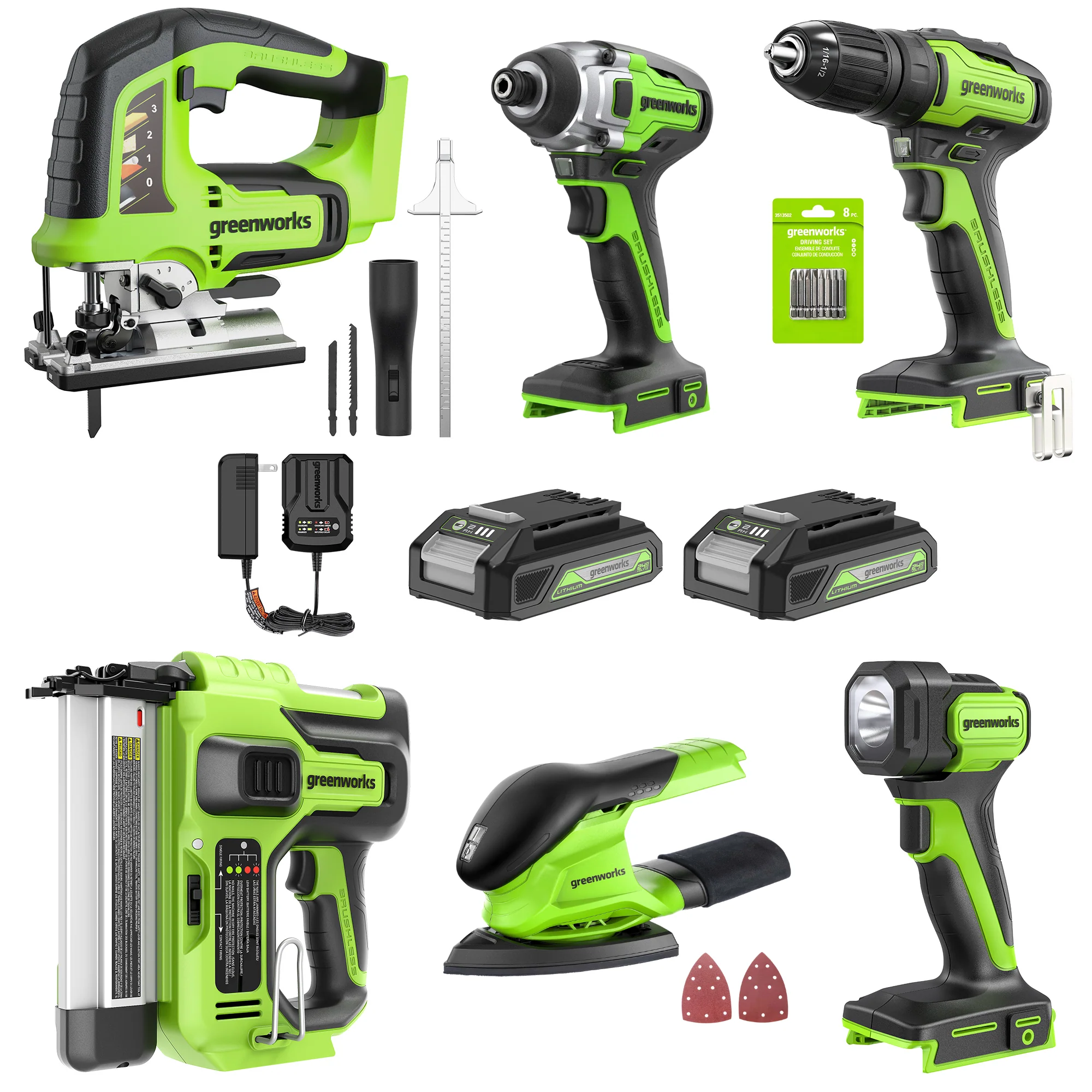 24V Cordless Battery Nailer 6PC Combo Kit w/ (2) 2Ah Batteries and Charger