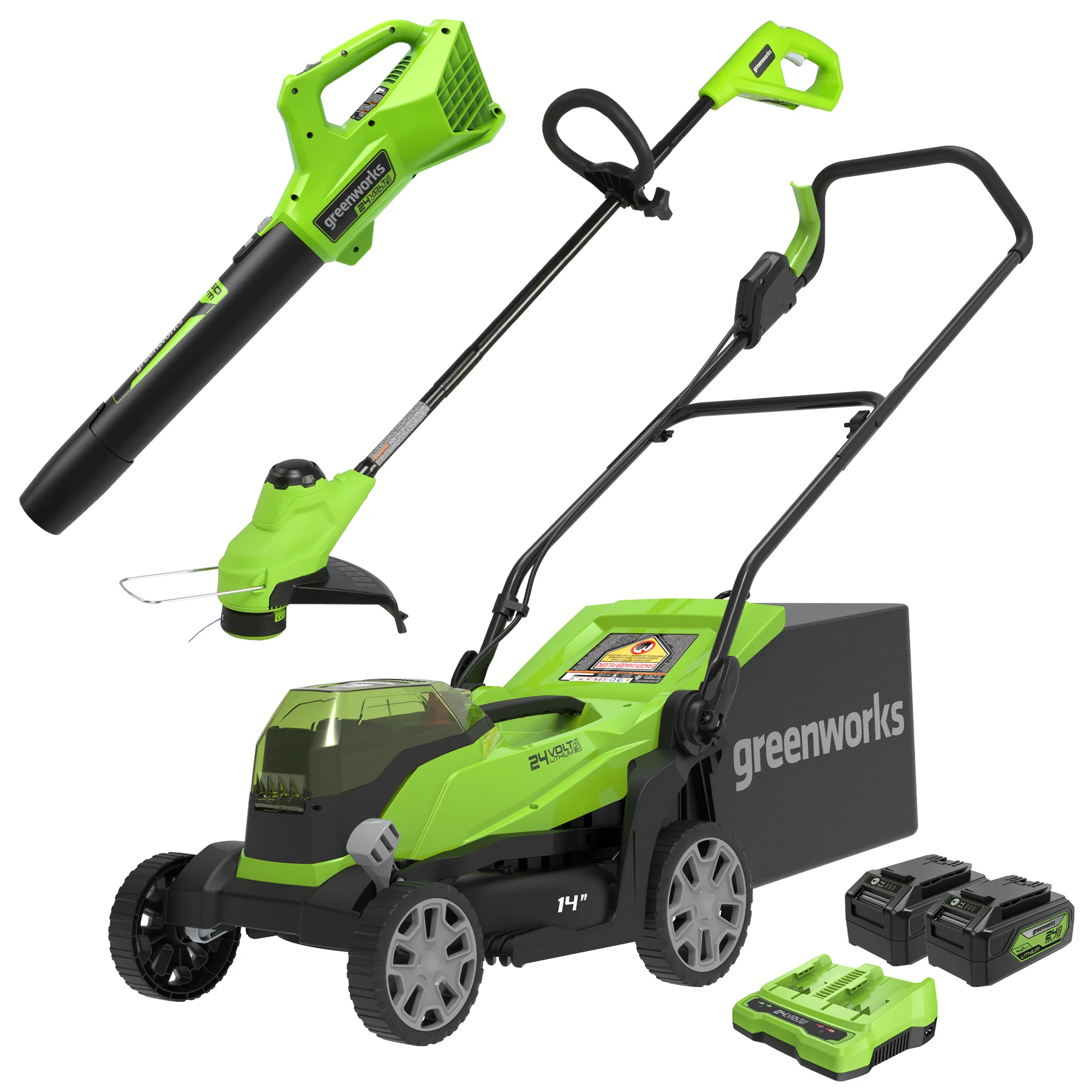 48V (2x24V) 14 Cordless Battery Push Lawn Mower, 320CFM Leaf Blower & 10 String Trimmer Combo Kit w/ (2) 4.0Ah USB Batteries & Dual Port Charger