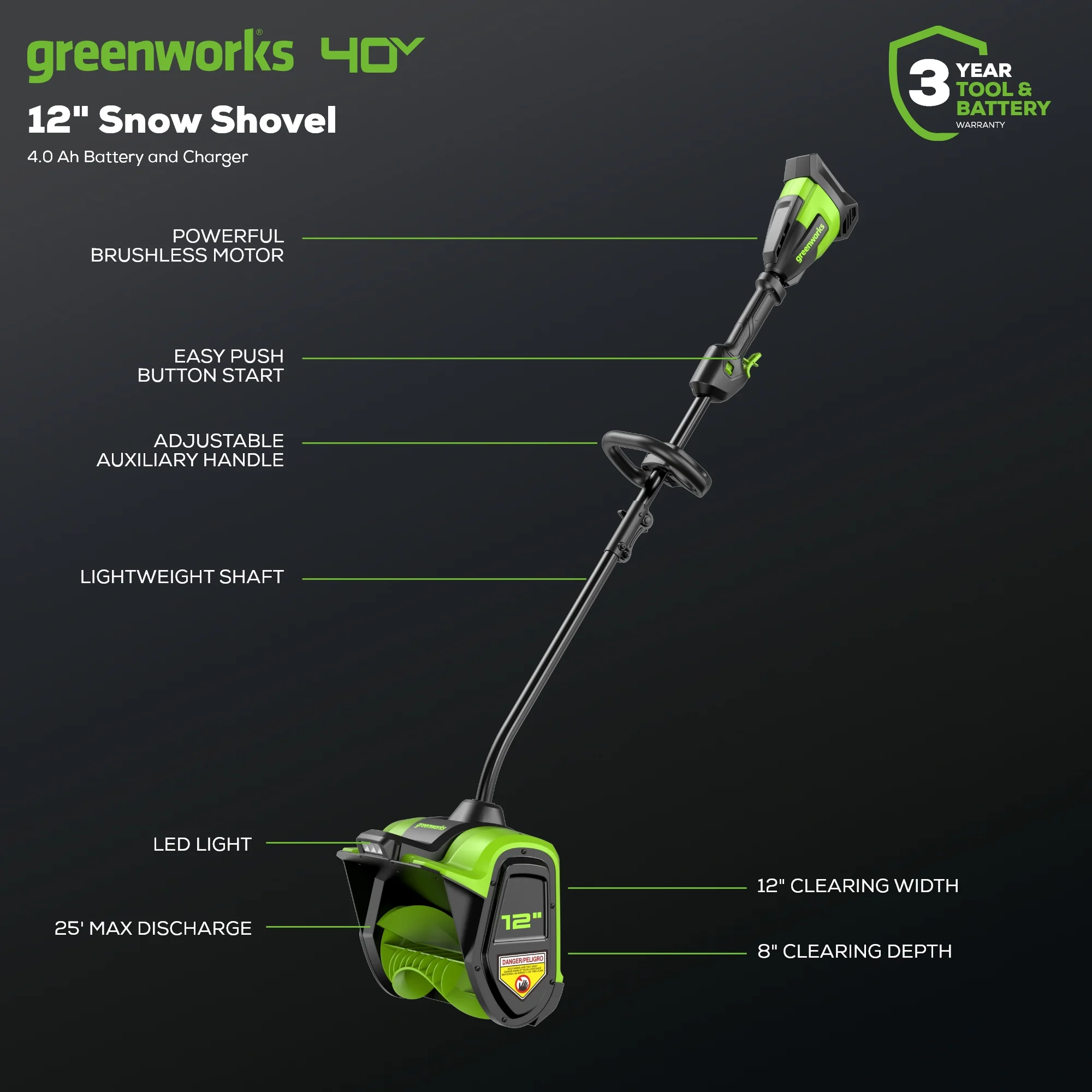 40V 12 Cordless Battery LED Snow Shovel w/ 4.0Ah Battery & Charger