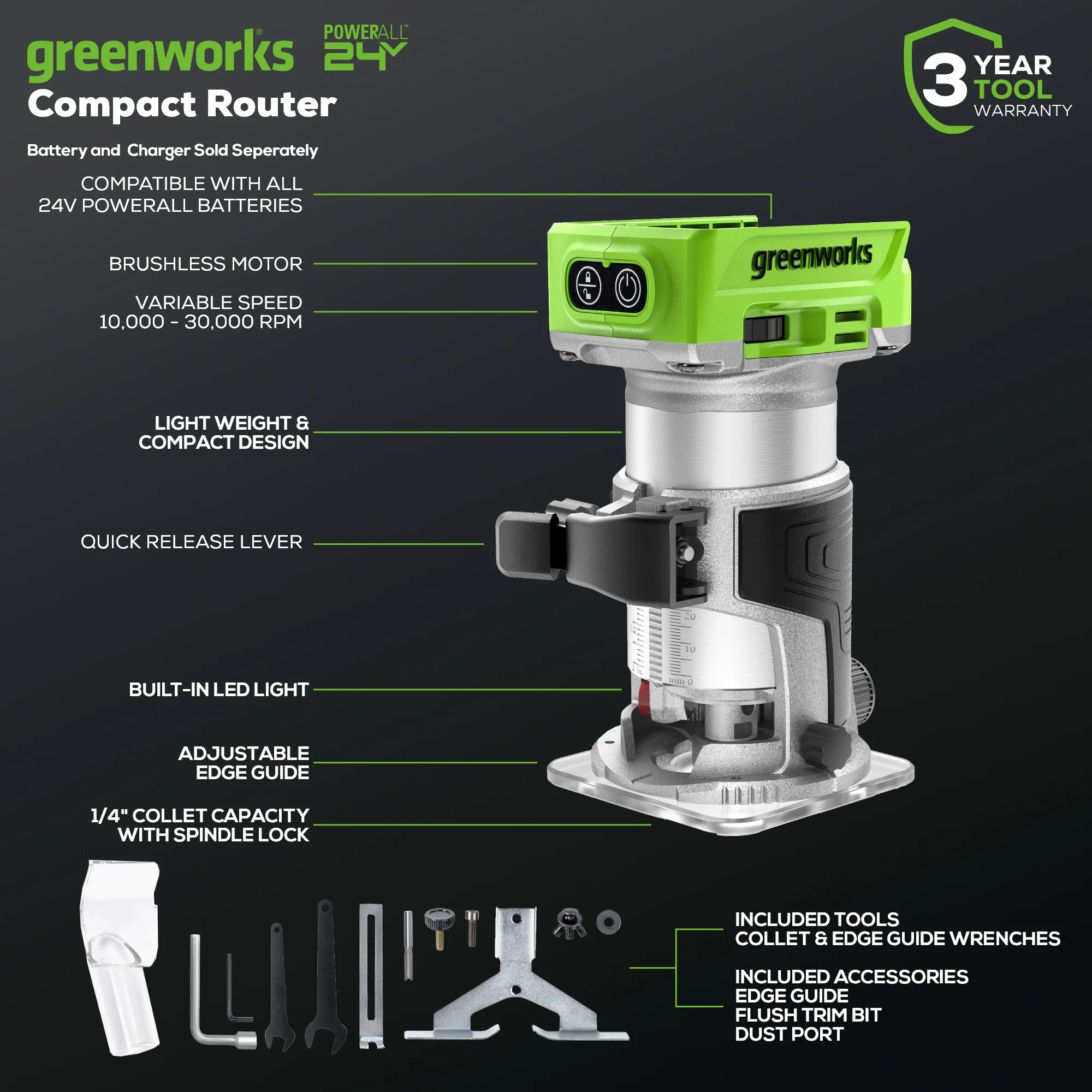24V Cordless Battery Compact Router (Tool Only)