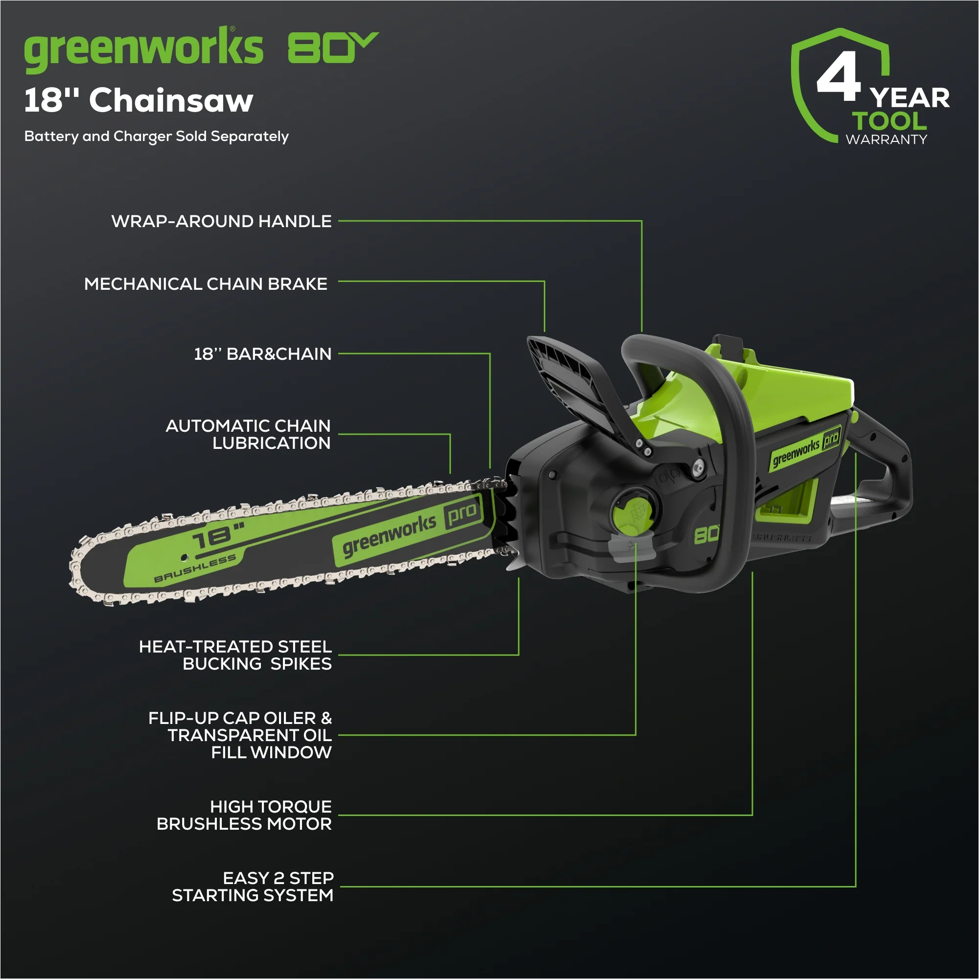 80V 18 Cordless Battery 2.5kW Chainsaw (Tool-Only)