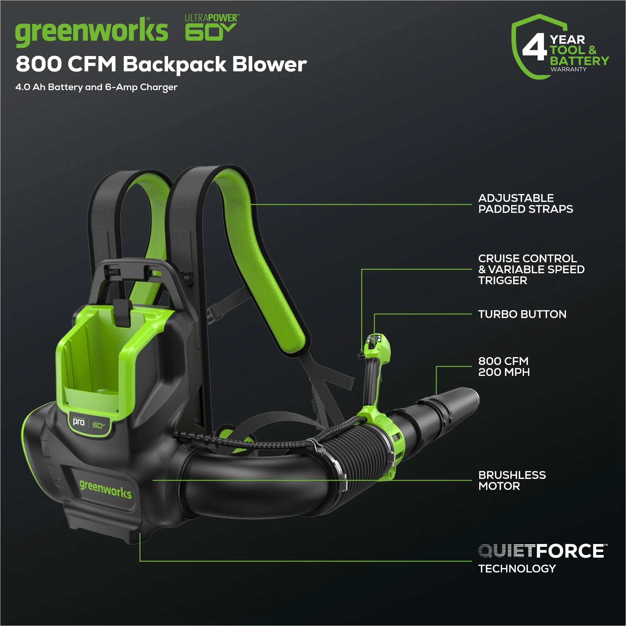 60V 800 CFM Cordless Battery Brushless Backpack Blower w/ 4.0Ah Battery & Charger