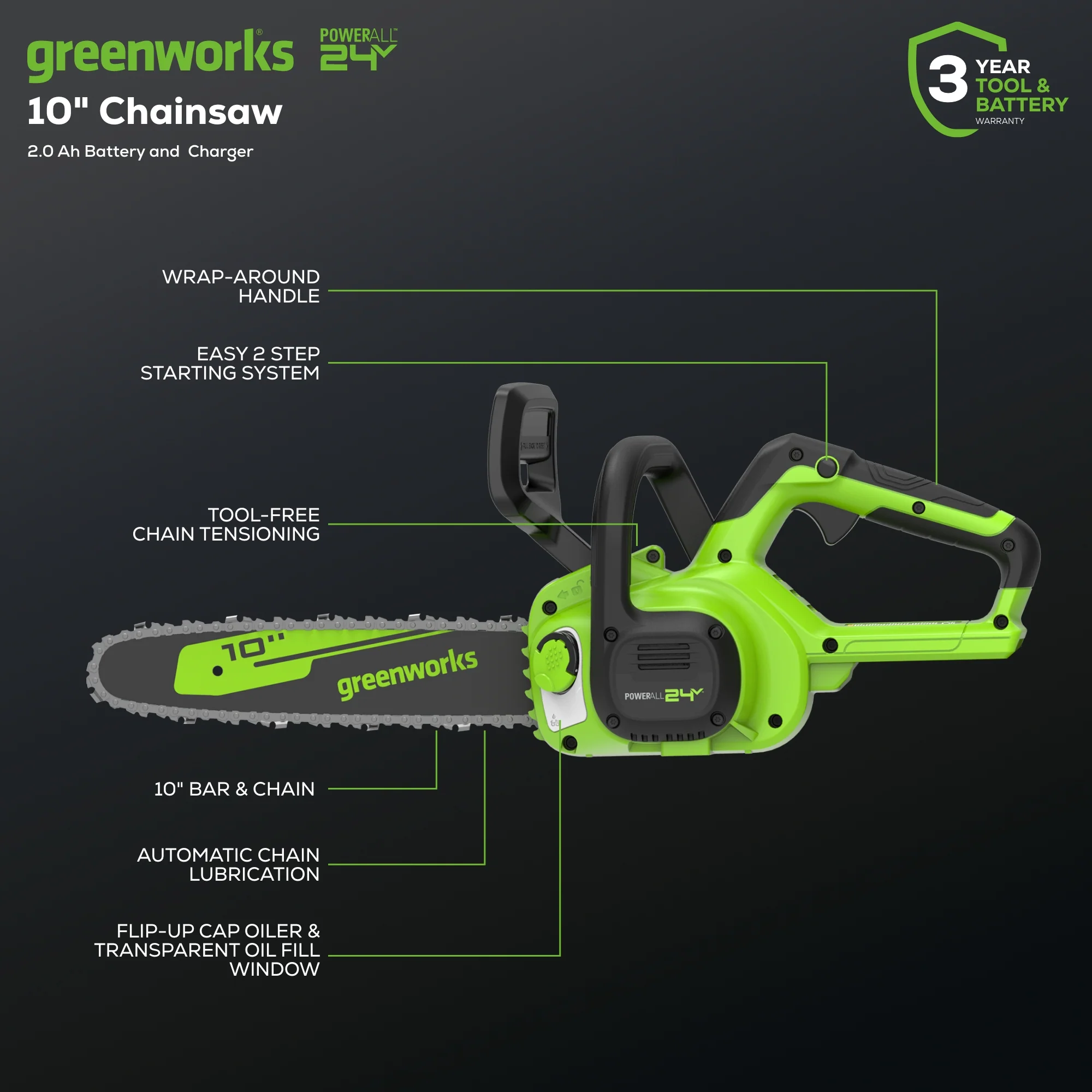24V 10 Cordless Battery Chainsaw w/ 2.0Ah USB Battery & Charger
