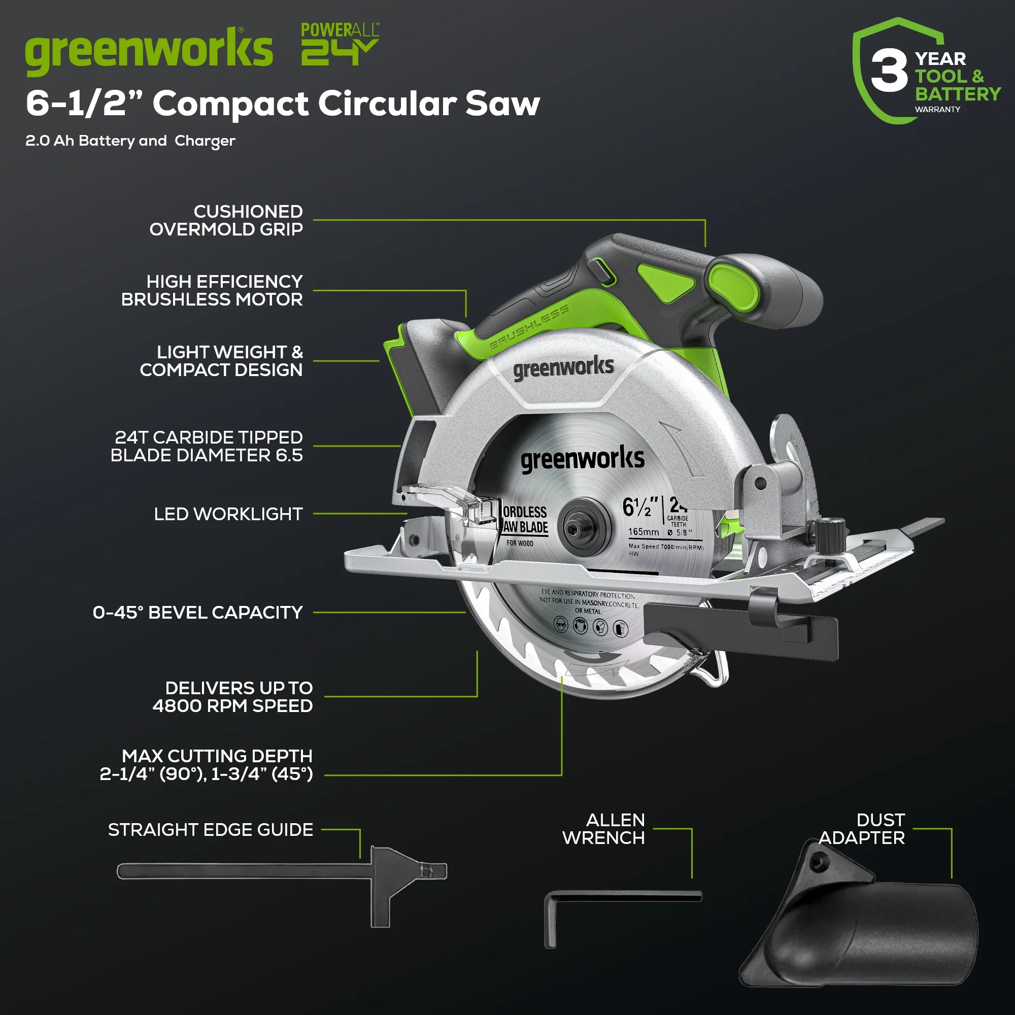 24V Cordless Battery 6.5'' Circular Saw w/ 2.0Ah Battery & Charger