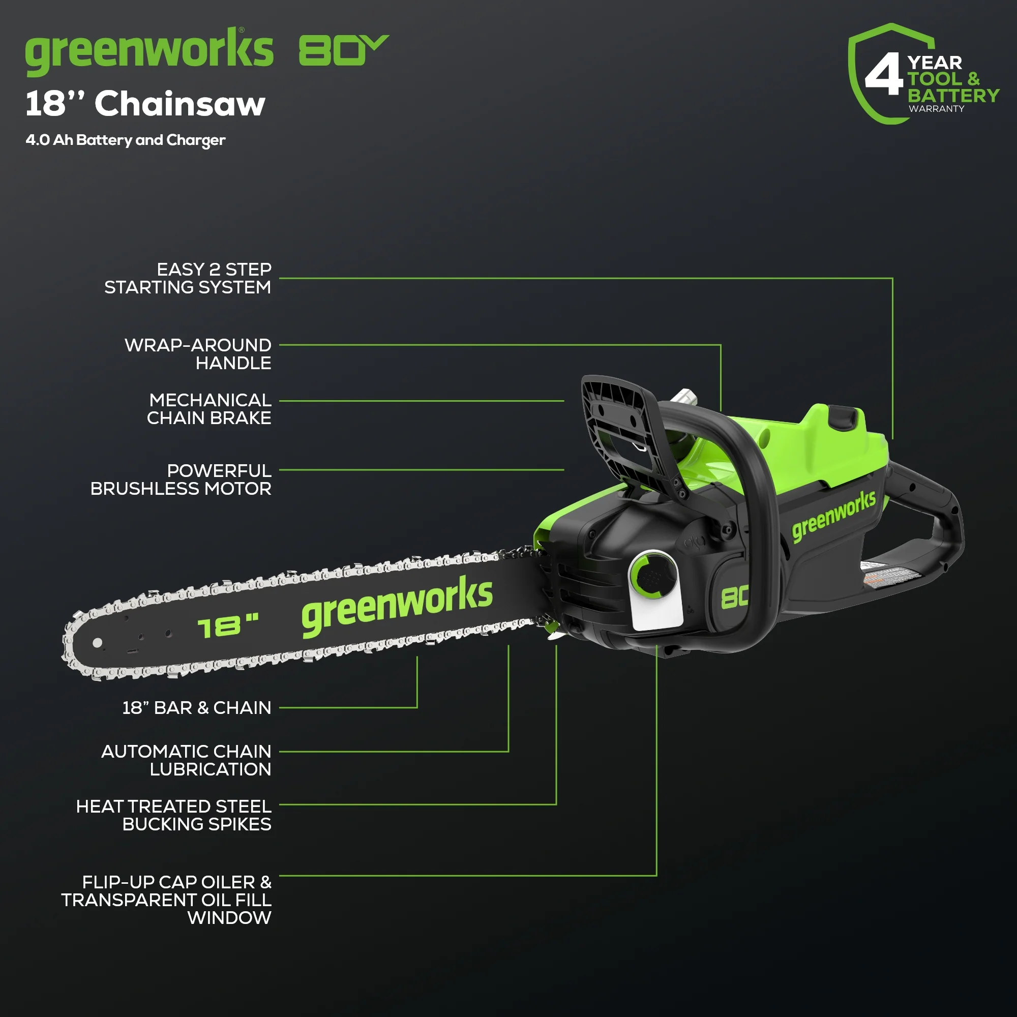 80V 18 2.5kW Cordless Battery Chainsaw w/ (1) 4Ah Battery & 2A Charger