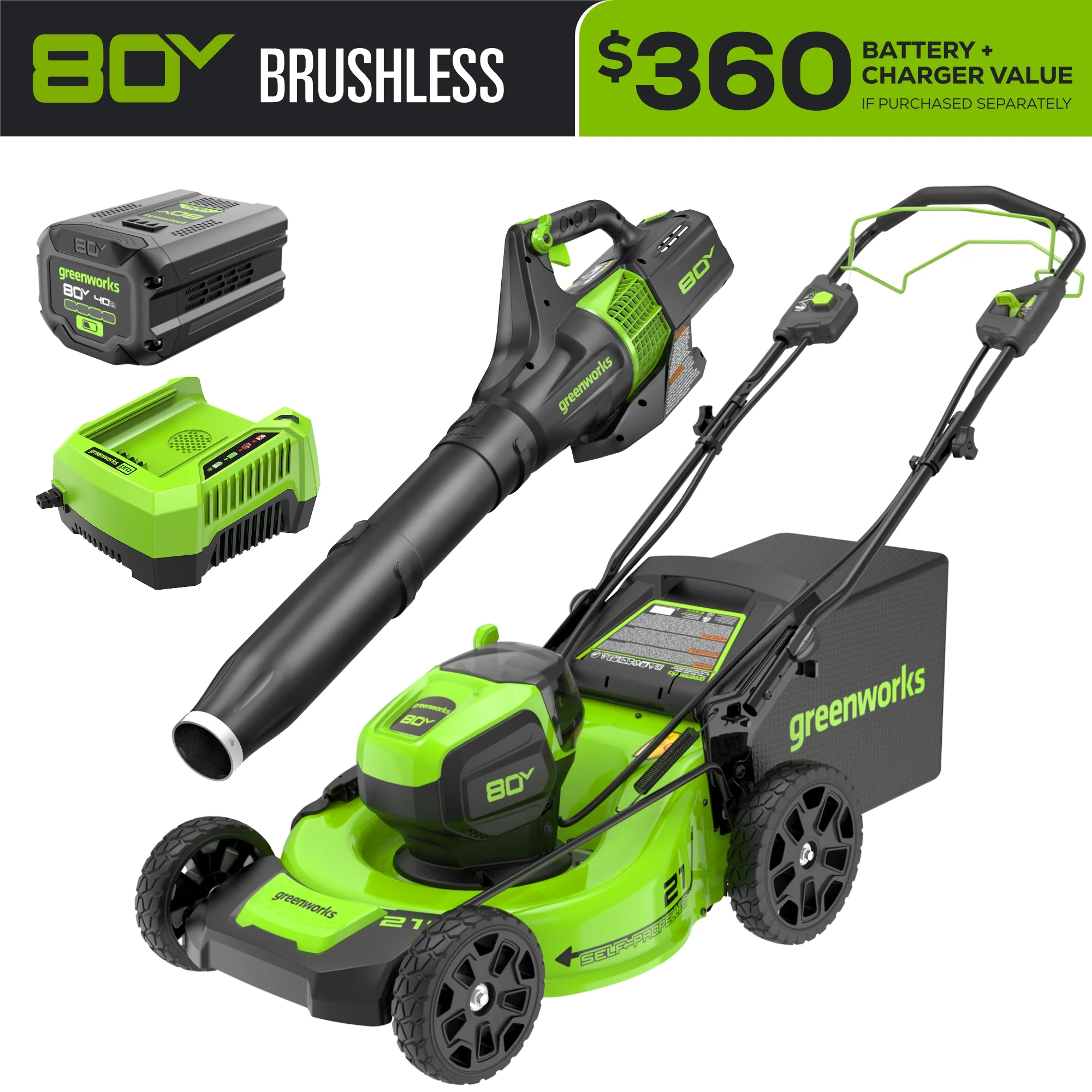 80V 21 Cordless Battery Self-Propelled Mower & Blower w/ 4.0Ah Battery & Rapid Charger