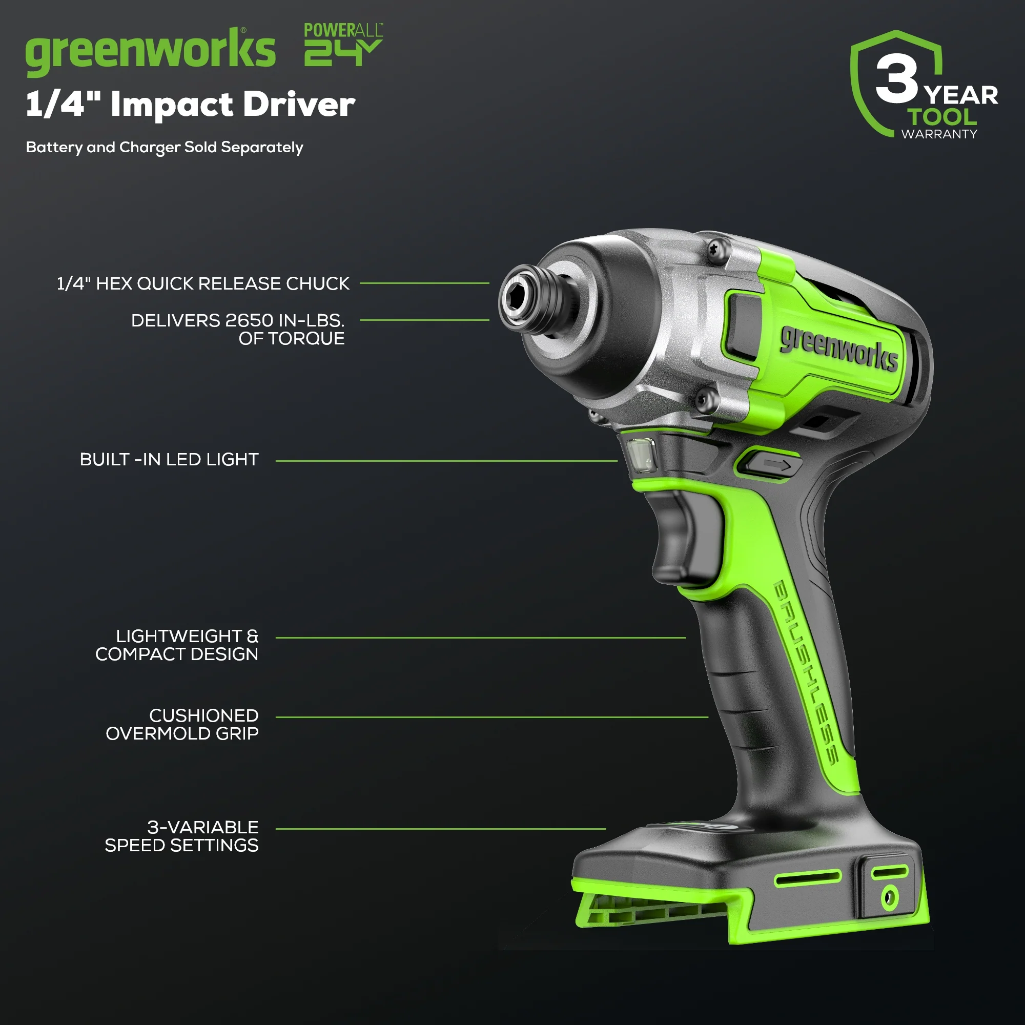 24V 1/4 2650 in/lbs Brushless Impact Driver (Tool Only)