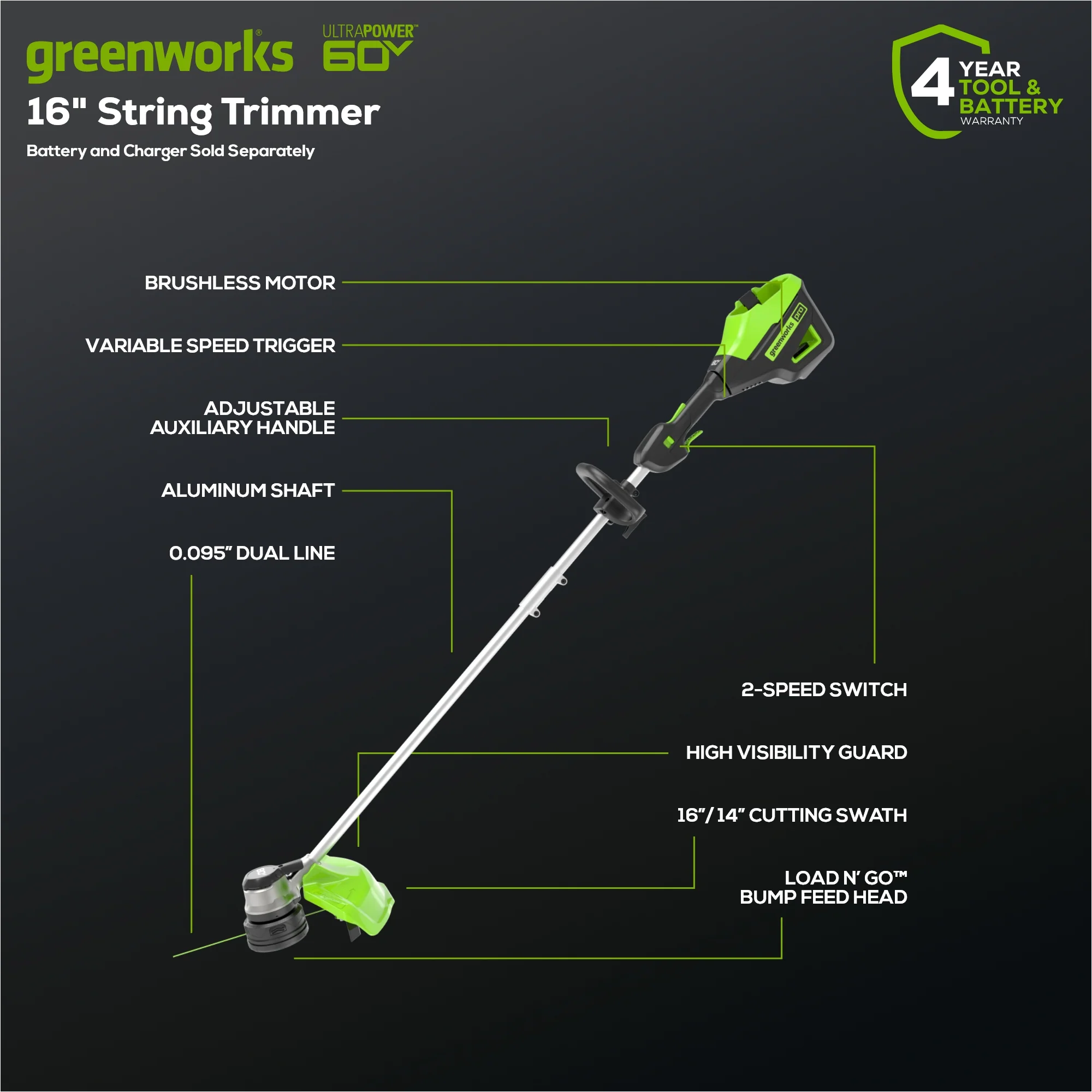 80V 16 GEN 2 Cordless Battery Brushless String Trimmer( .095 line) (Tool Only)