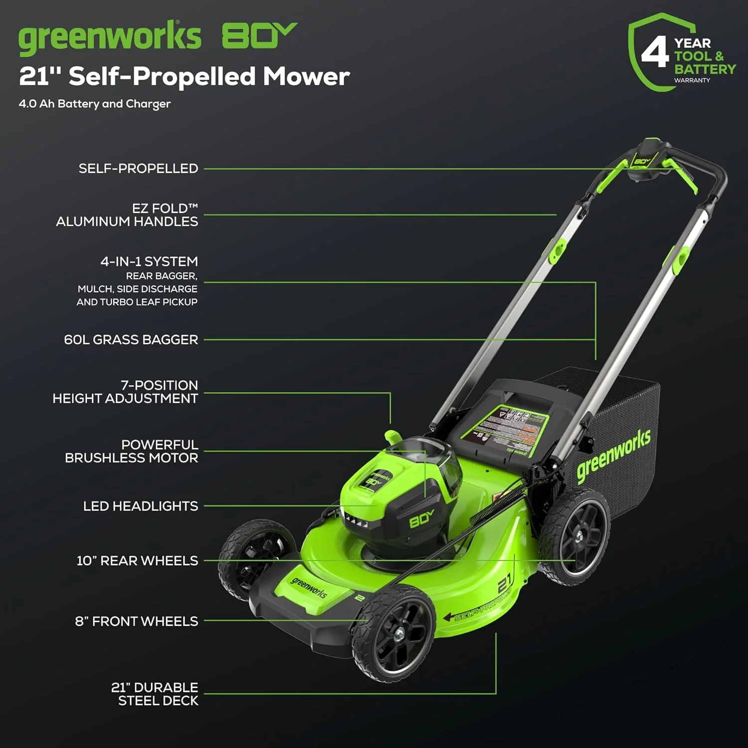 80V 21 Cordless Battery 4-in-1 Self-Propelled Lawn Mower w/ 4.0Ah Battery & Charger