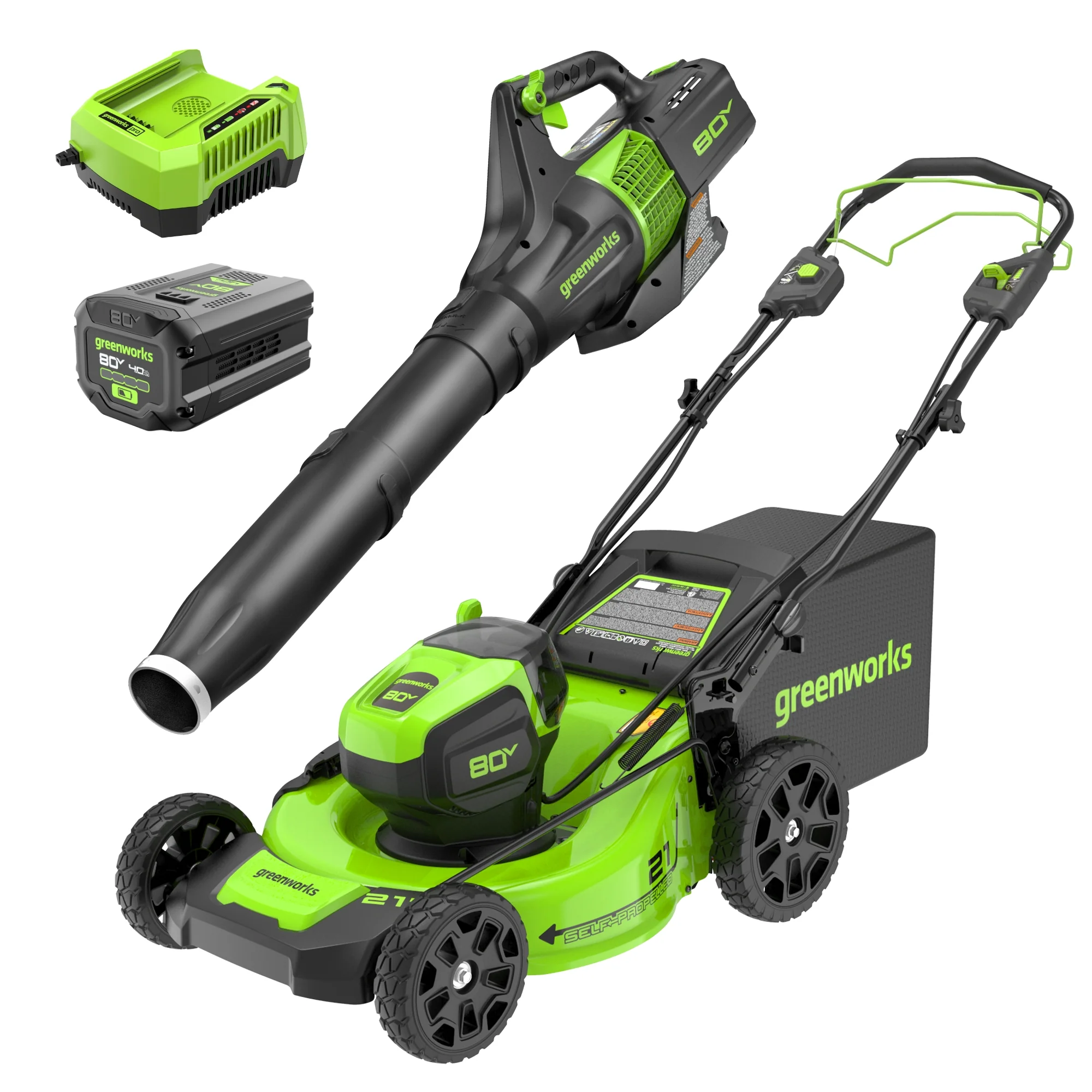 80V 21 Cordless Battery Self-Propelled Mower & Blower w/ 4.0Ah Battery & Rapid Charger
