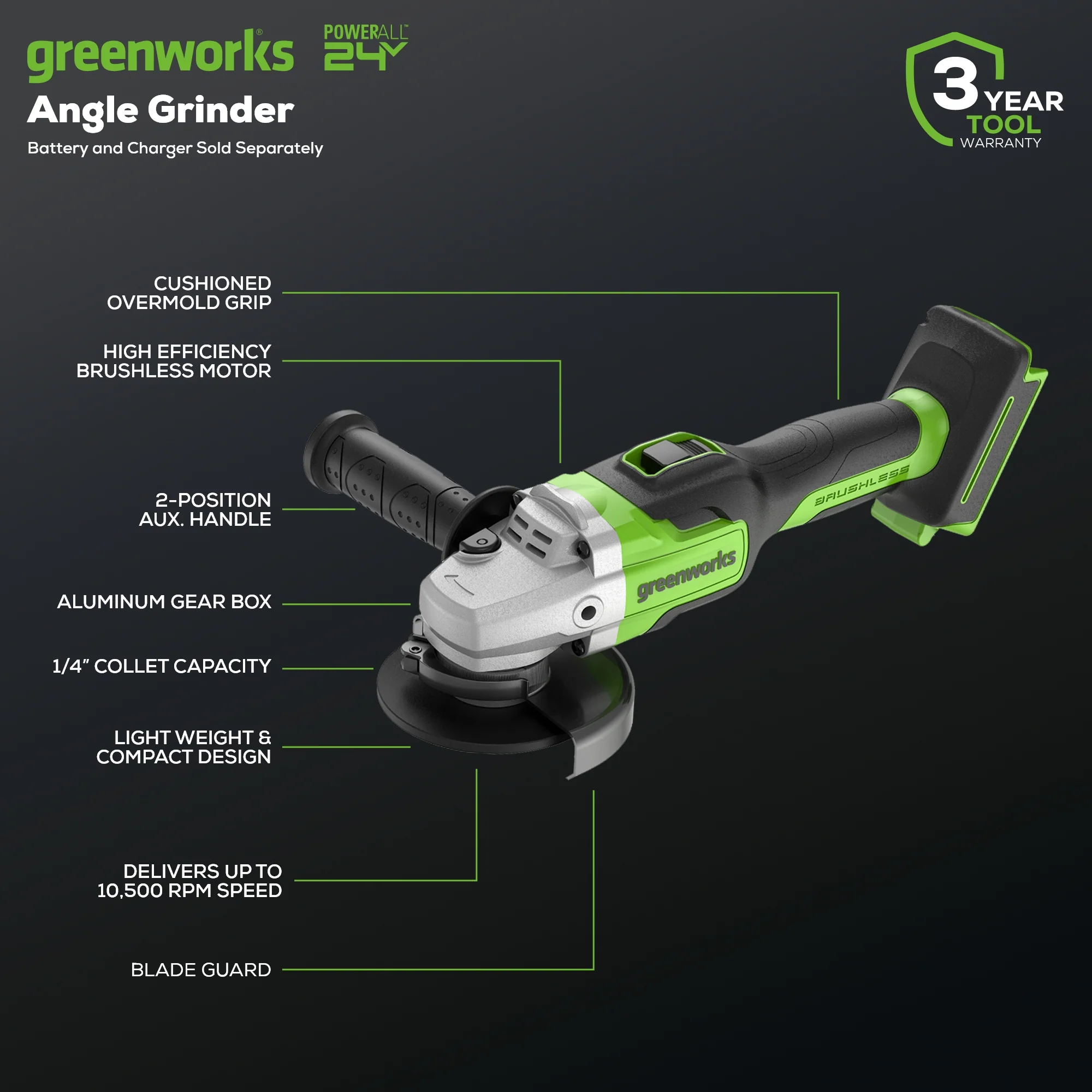 24V 4.5 Cordless Battery Angle Grinder (Tool Only)