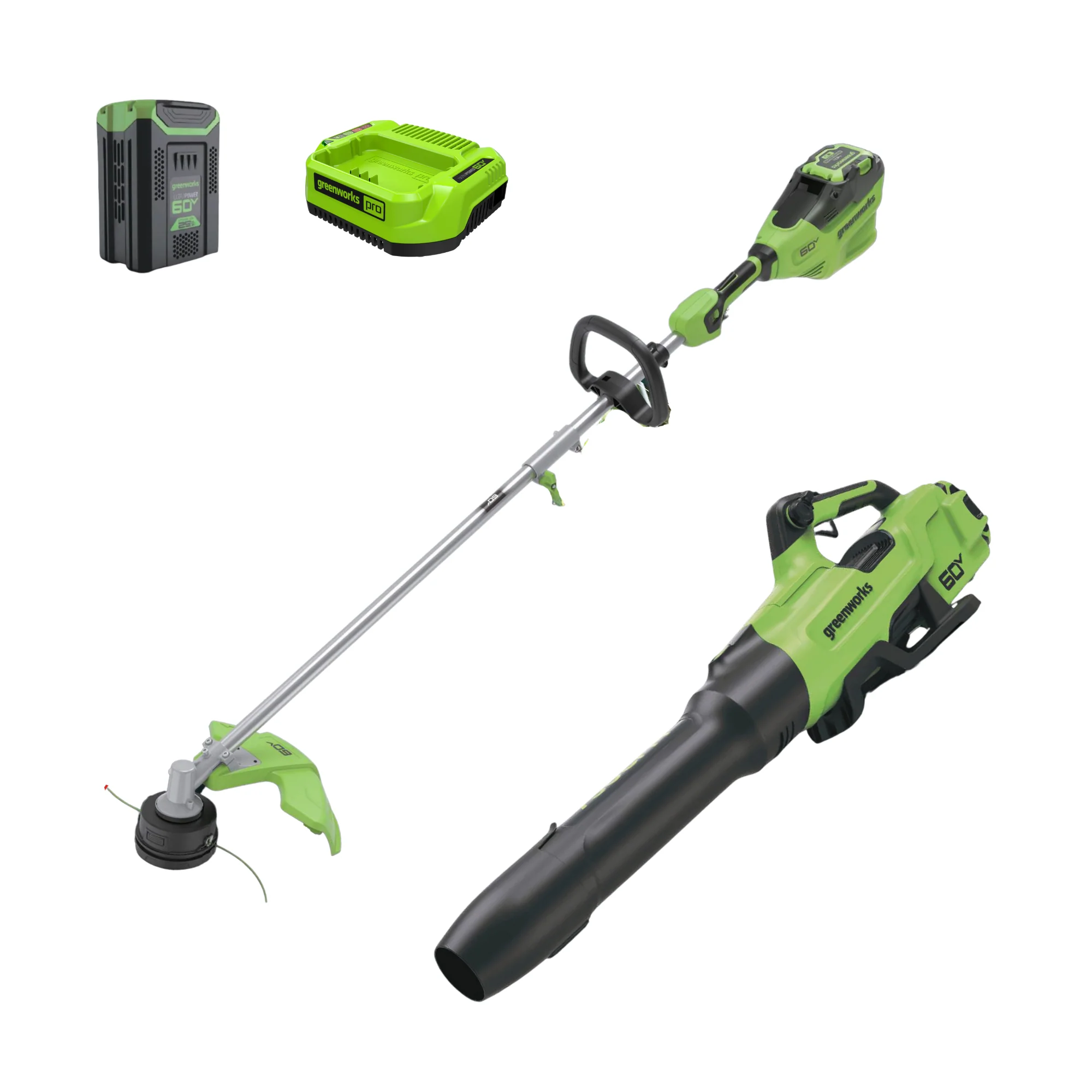 60V 16 Cordless Battery Top Mount String Trimmer + 750CFM Blower w/2.5Ah Battery and 3A Charger