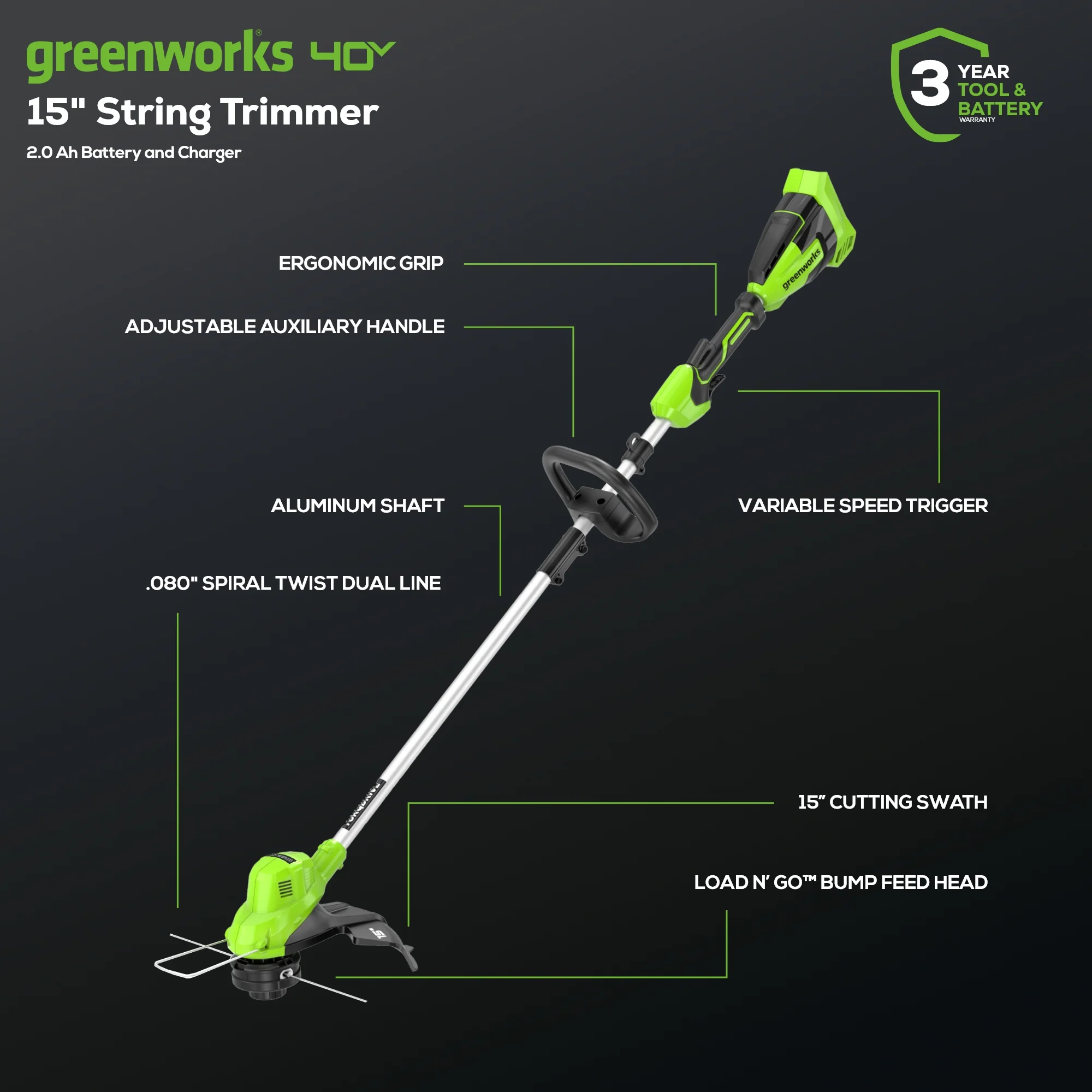 40V 15 Gen 2 Cordless String Trimmer w/ 2.0Ah Battery & Charger