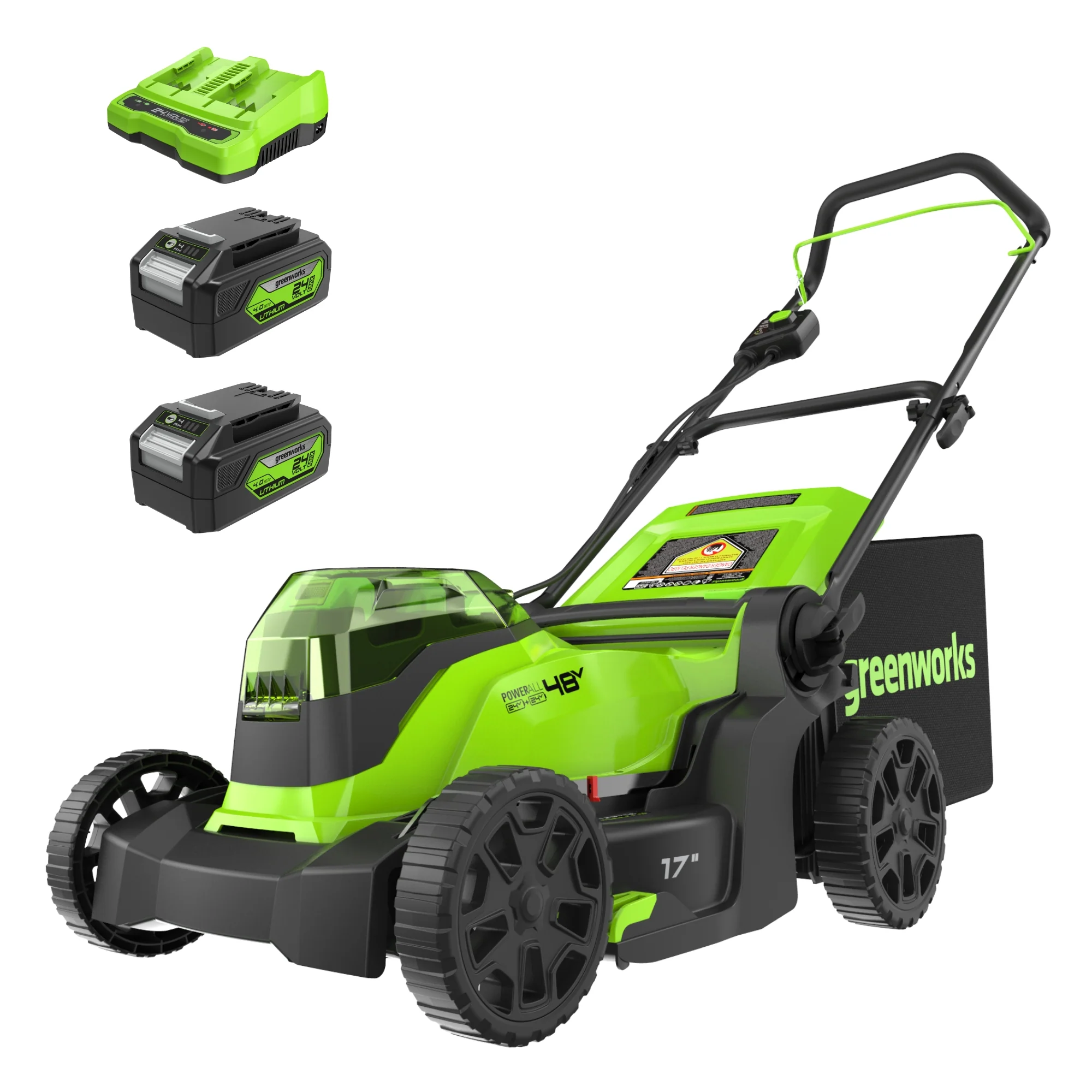 48V (2x24V) 17 Cordless Battery Push Lawn Mower w/ (2) 4.0Ah Batteries & Dual Port Charger
