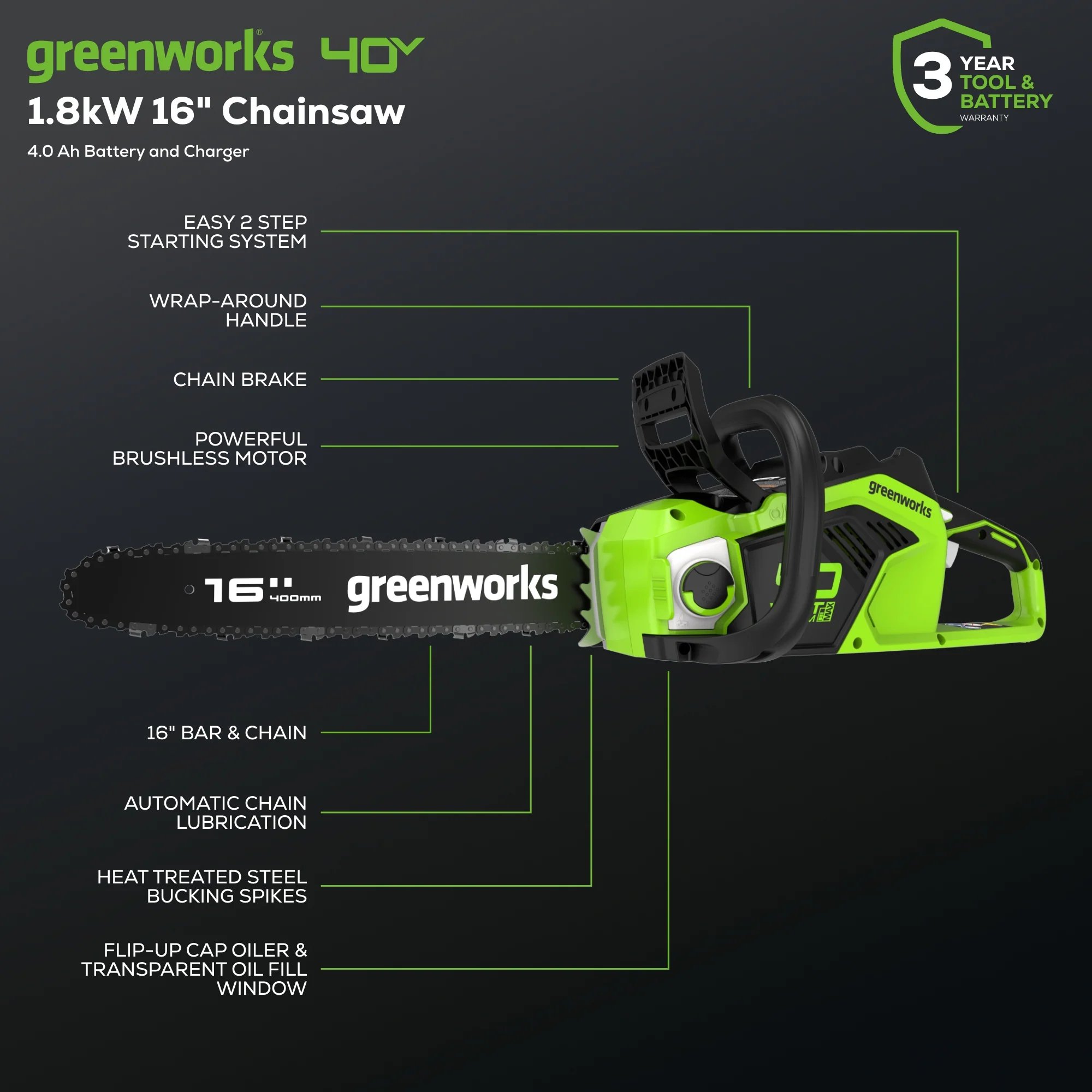 40V 16 Cordless Battery Chainsaw (Tool Only)