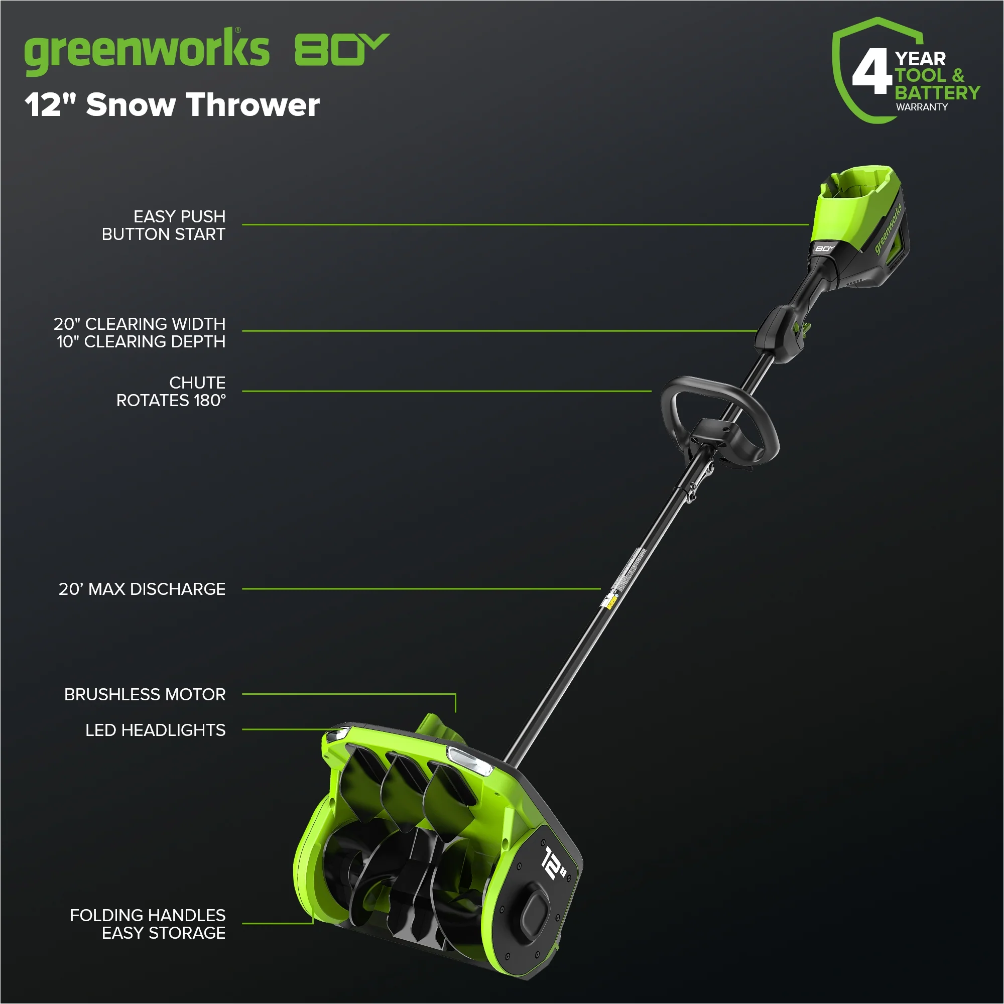80V 12 Cordless Battery LED Snow Shovel w/ Directional Vanes, 2.5Ah Battery and Charger